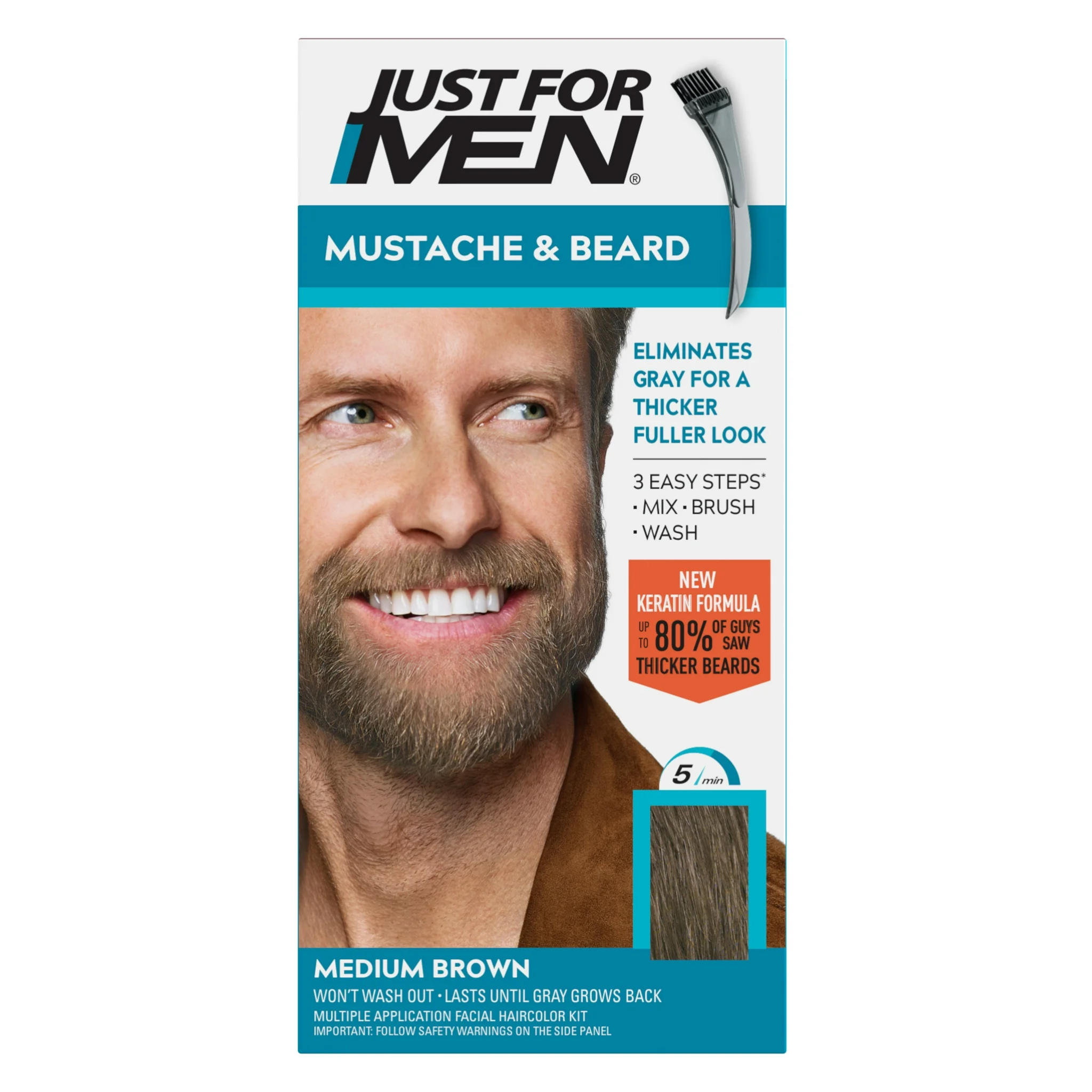 Just For Men, Mustache & Beard Color Kit, Medium Brown M-35, Easy Gray Coverage for Natural-Looking Facial Hair, 1.0 Set
