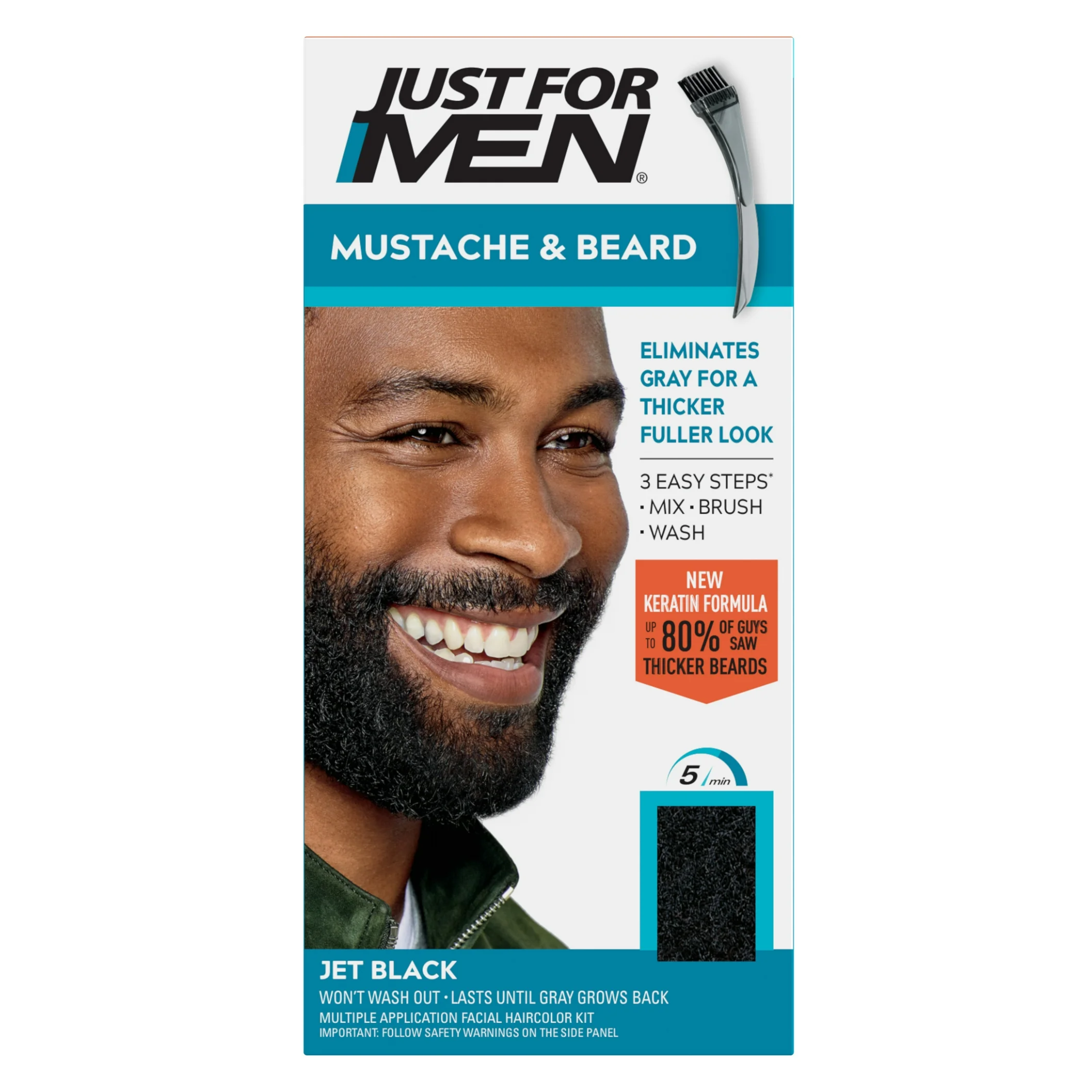 Just For Men, Brush-In Color Gel for Mustache & Beard, Jet Black M-60, Easy Gray Coverage and Natural-Looking Results, 1 Each