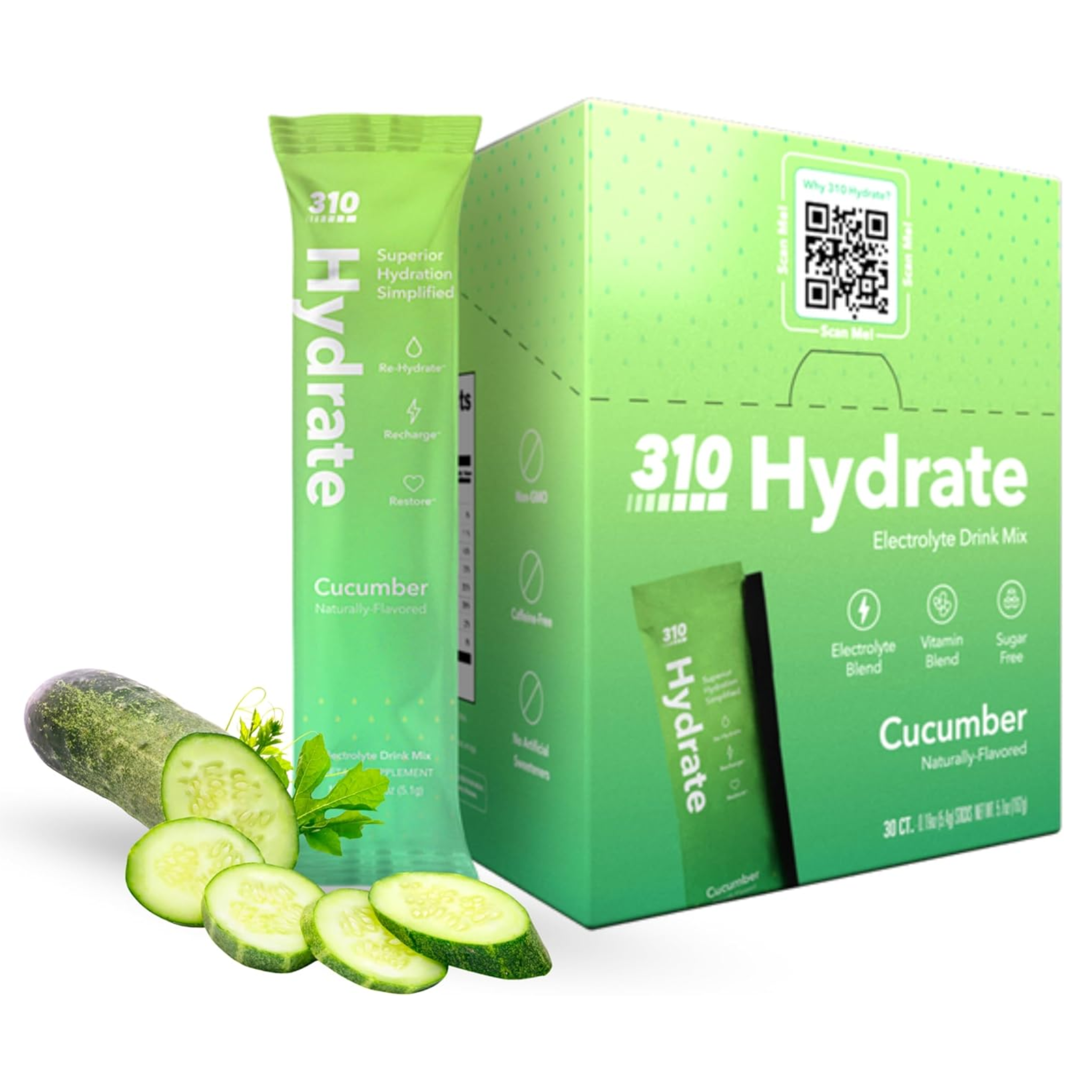 310 Nutrition, Hydrate Electrolyte Powder Packets, Cucumber Flavor, Sugar Free with Key Vitamins and Minerals, Keto Friendly Hydration Drink, 30 Single Servings