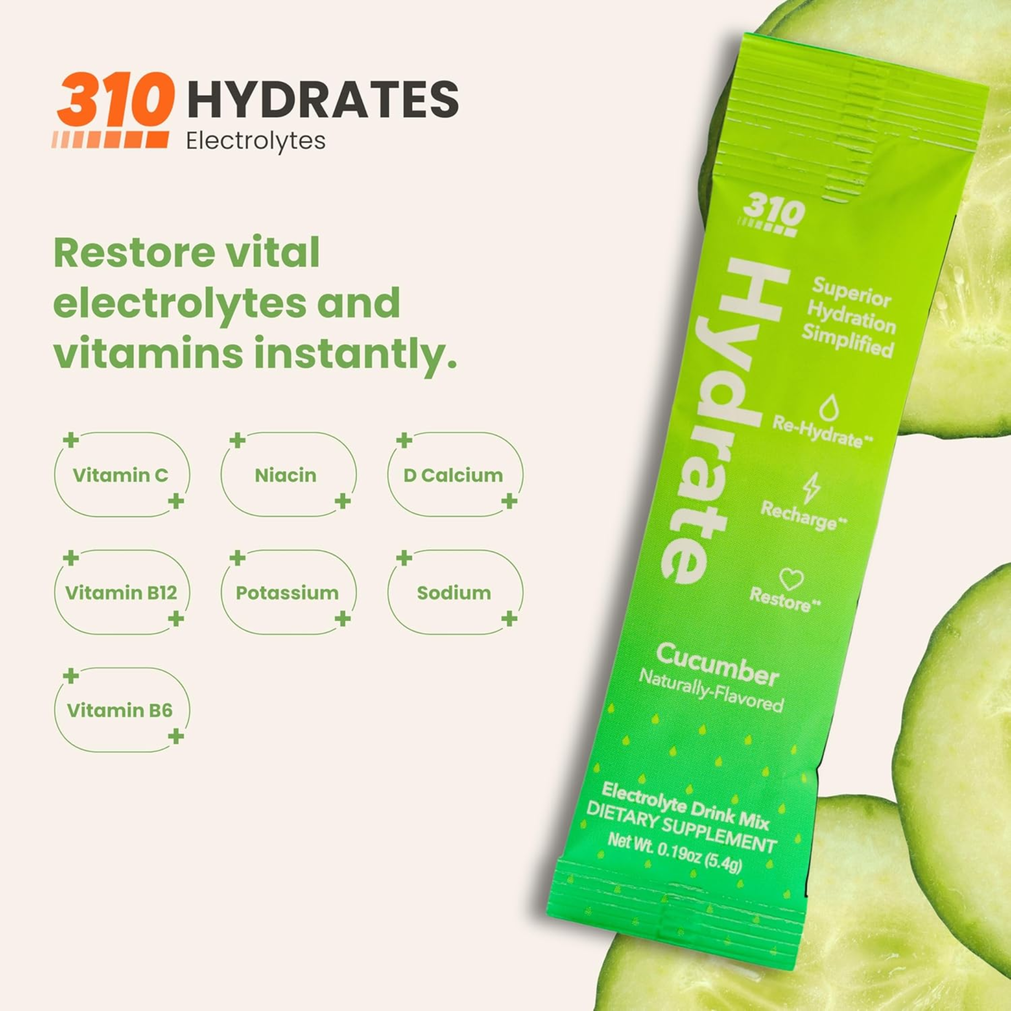 310 Nutrition, Hydrate Electrolyte Powder Packets, Cucumber Flavor, Sugar Free with Key Vitamins and Minerals, Keto Friendly Hydration Drink, 30 Single Servings
