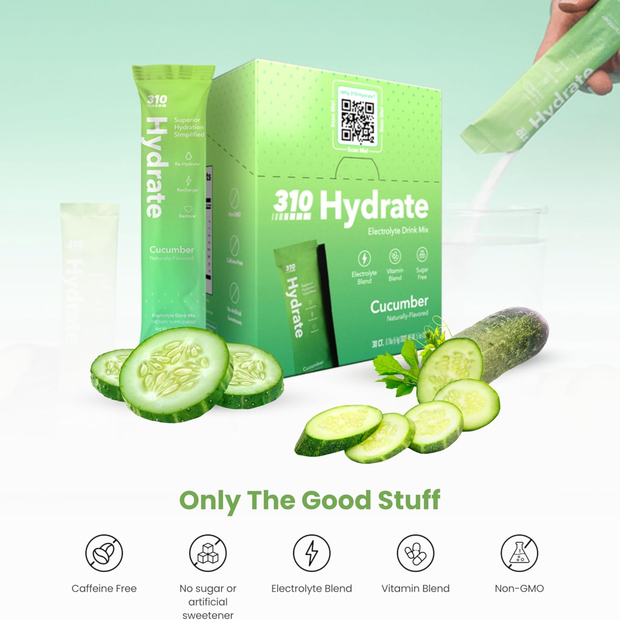 310 Nutrition, Hydrate Electrolyte Powder Packets, Cucumber Flavor, Sugar Free with Key Vitamins and Minerals, Keto Friendly Hydration Drink, 30 Single Servings