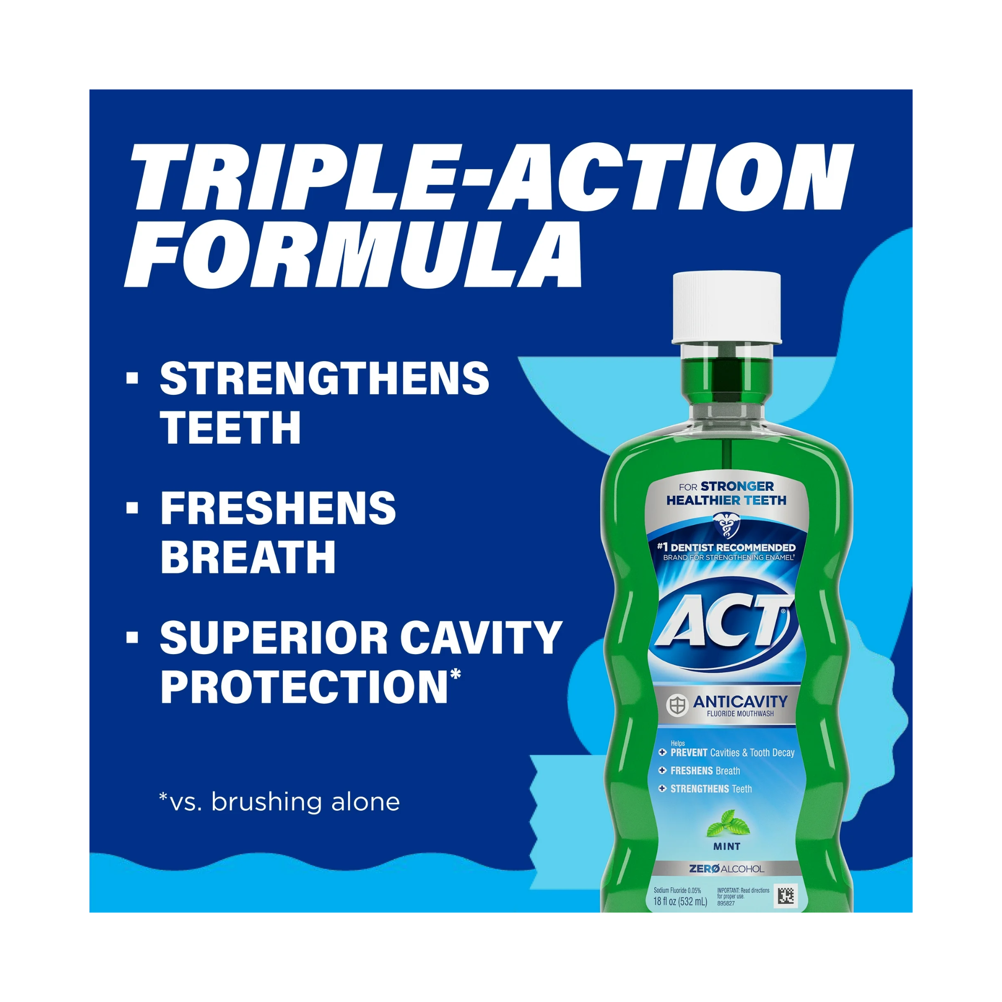 ACT, Anticavity Fluoride Mouthwash, Triple Action, Mint Flavor, Strengthens Enamel and Freshens Breath, 18 fl oz