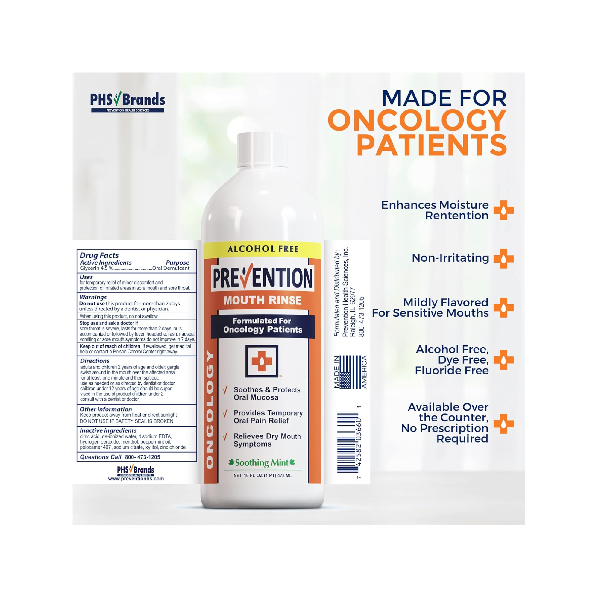 Prevention Oncology Alcohol Free Mouthwash, Soothing, Gentle, & Moisturizing, Mouthsore and Dry Mouth Mouthwash Specially Formulated for Patients Undergoing Oncology Treatment - 16 oz Bottle, 1-Pack