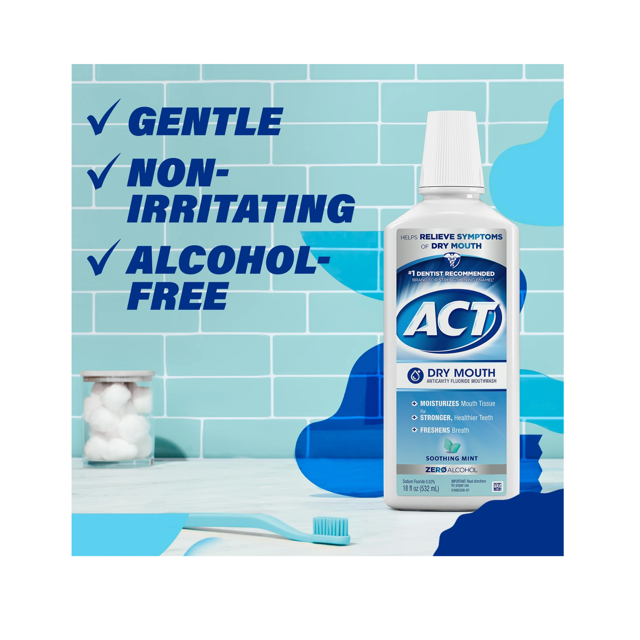 ACT, Dry Mouth Anticavity Fluoride Mouthwash, Soothing Mint Flavor for Freshness, 18 fl. oz