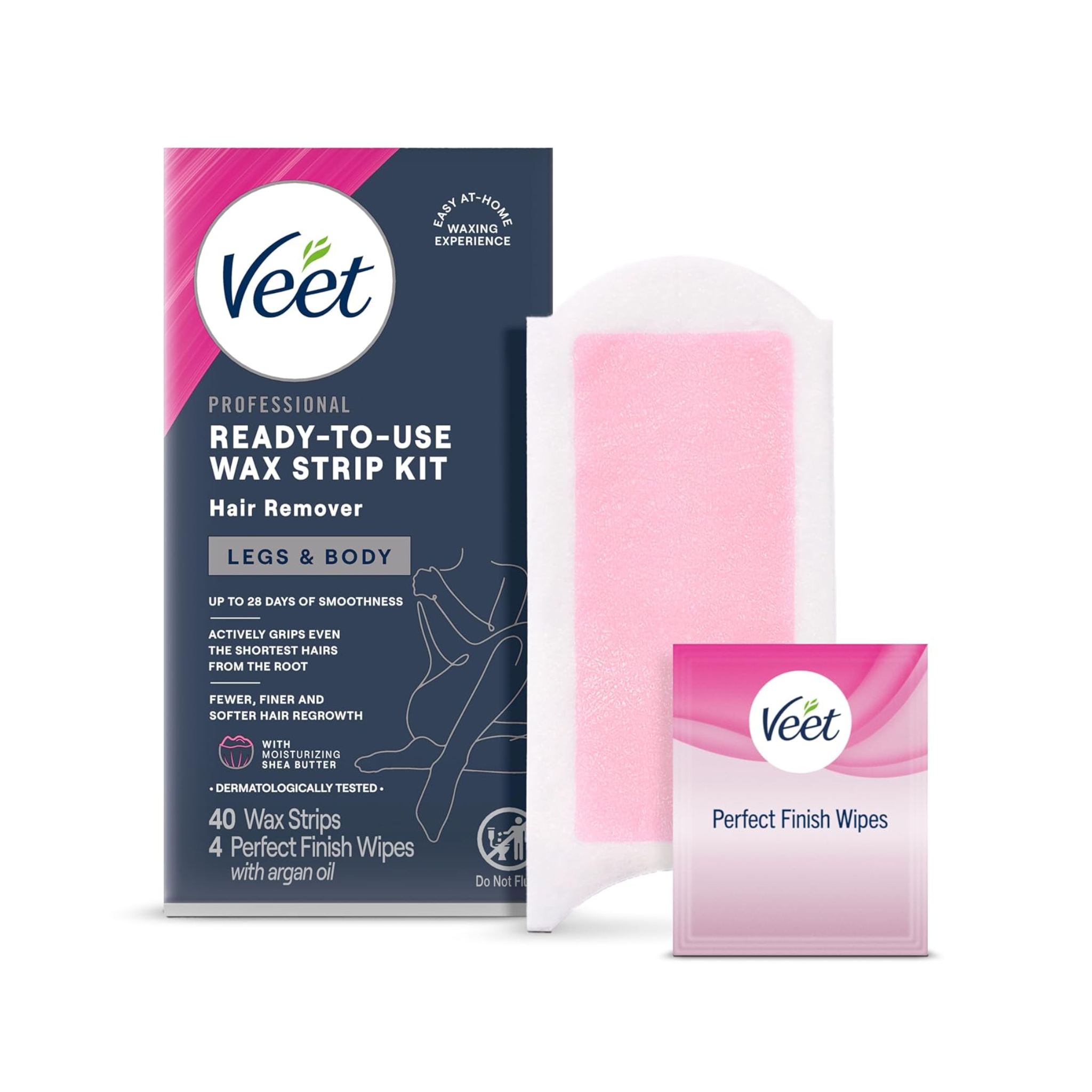 Veet, Leg and Body Hair Remover, Cold Wax Strips for Smooth Skin and Easy Application, 40 Count
