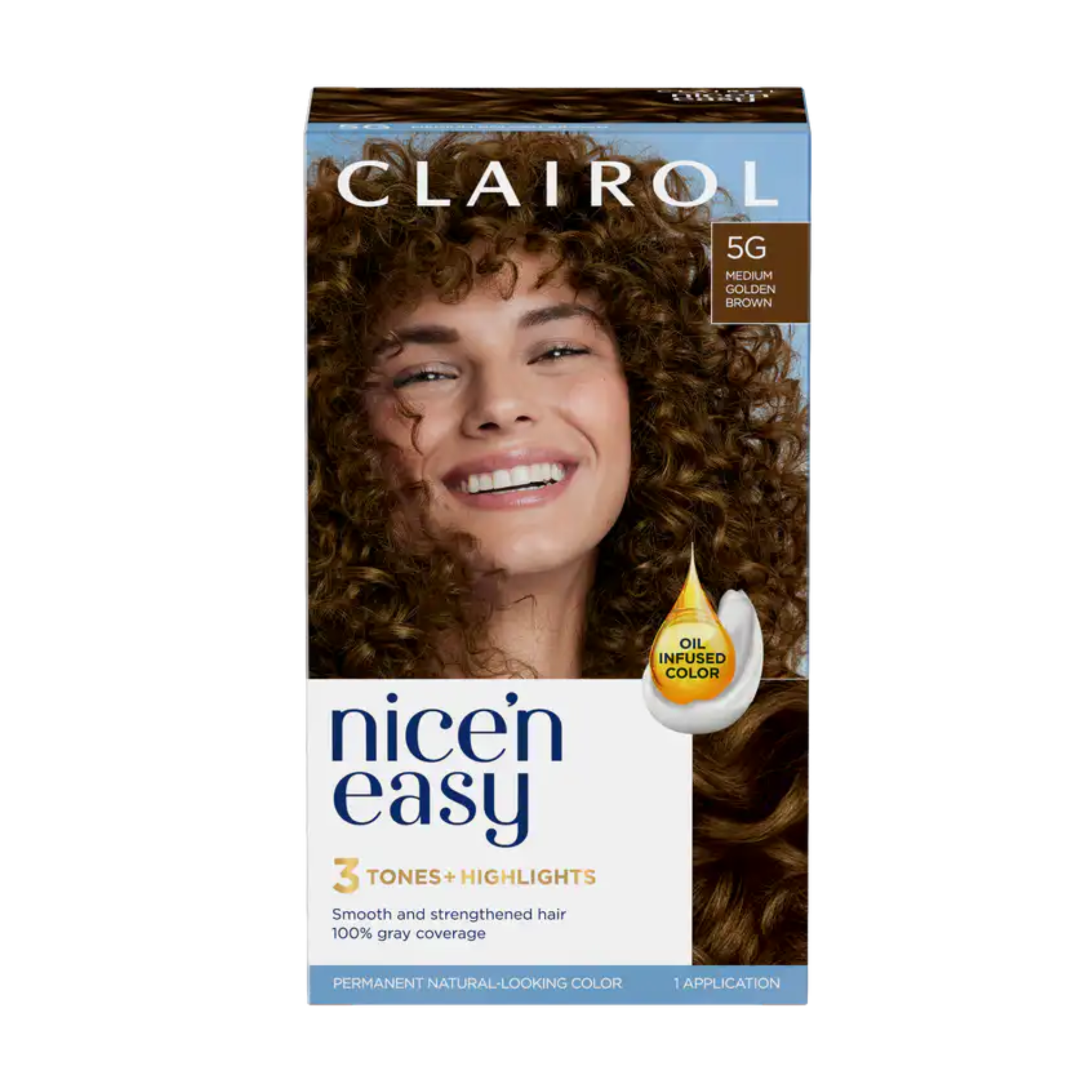 Clairol, Nice’n Easy Permanent Hair Dye, 5G Medium Golden Brown, Natural-Looking Hair Color with ColorBlend Technology, 1 Kit