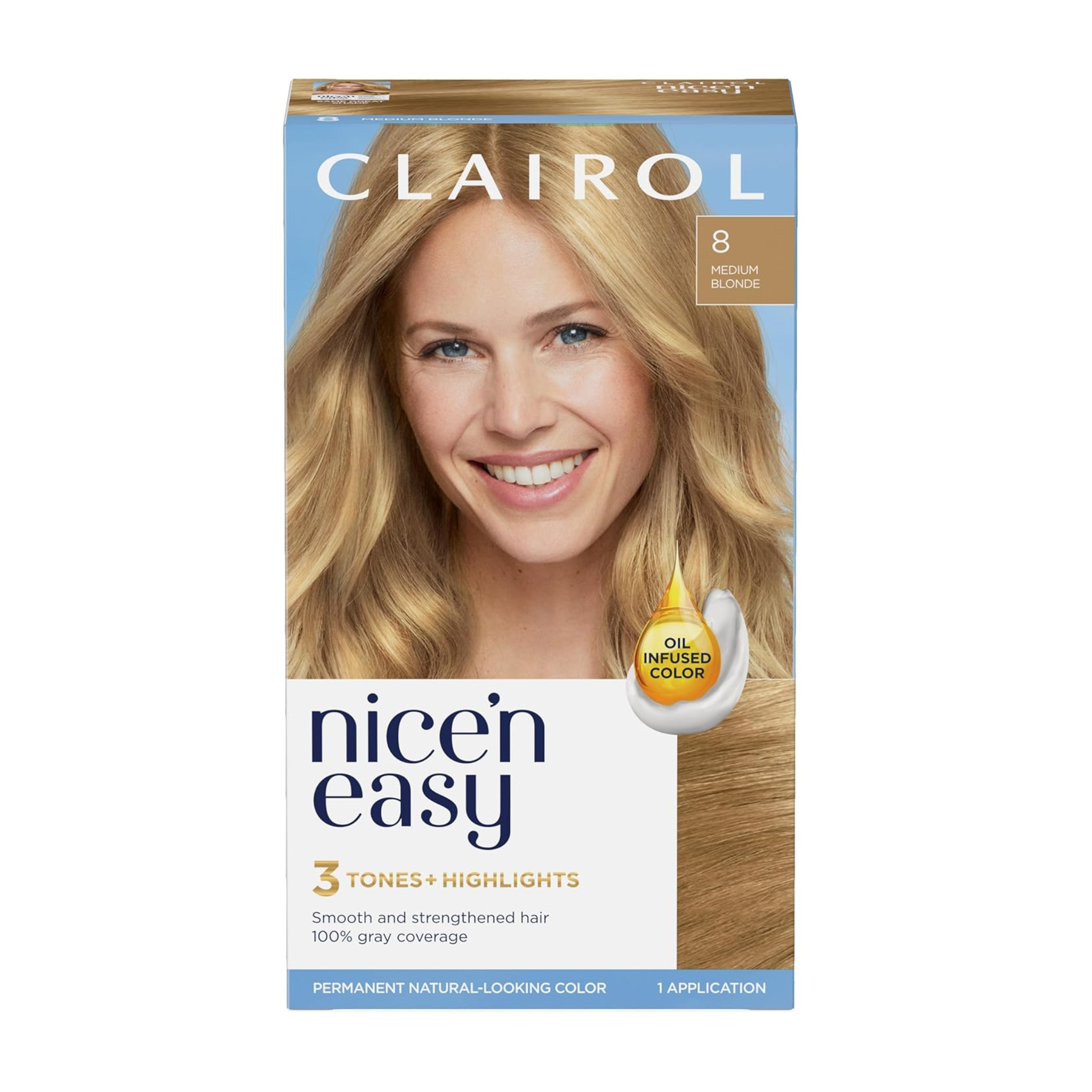 Clairol, Nice'n Easy Permanent Hair Dye, 8 Medium Blonde, Rich and Vibrant Color, 1 Application