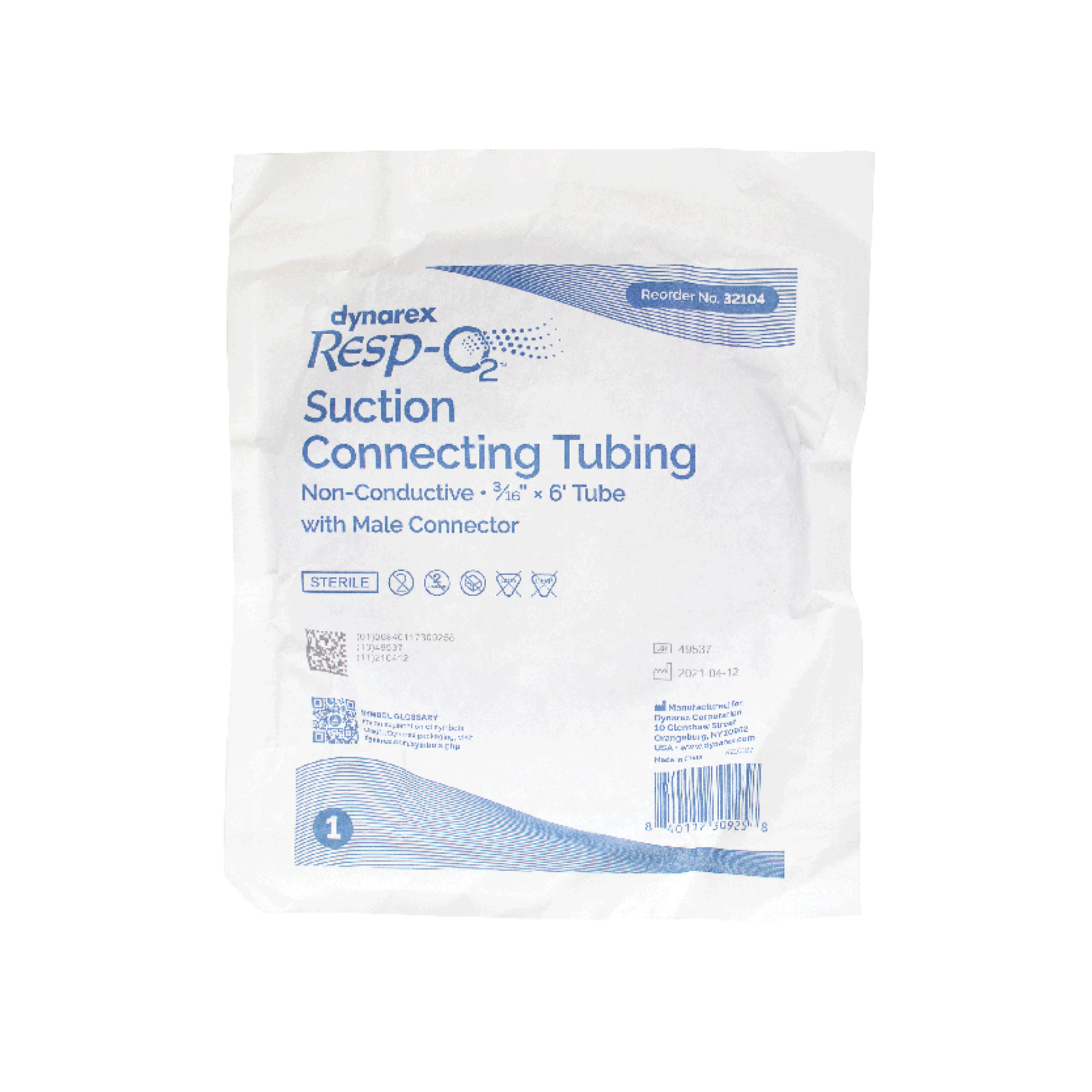 Dynarex, Resp-O2™ Suction Tubing, Non-Conductive Plastic, Sterile, Clear, 3/16 Inch I.D., 6 Foot Length, 50 Count