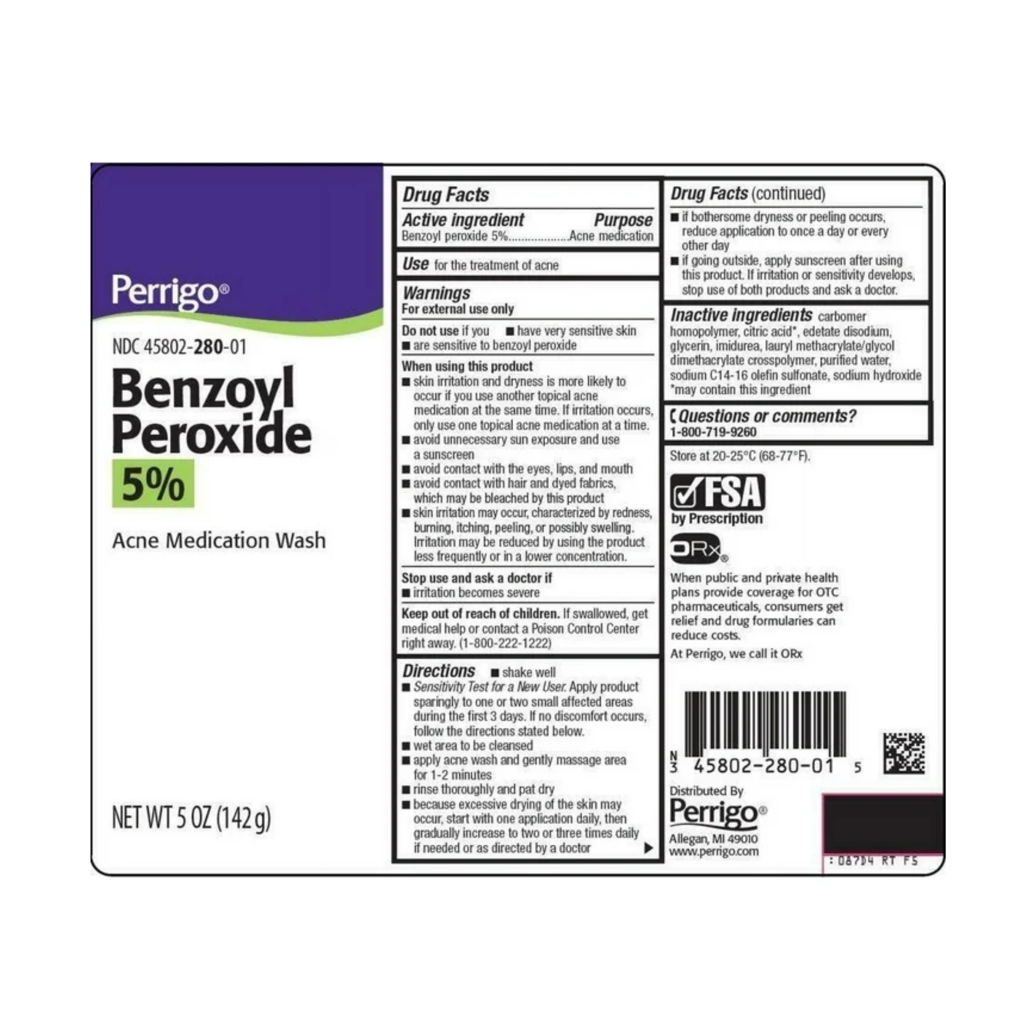 Perrigo, Benzoyl Peroxide Wash, Gentle Acne Treatment for Daily Skincare, 5%, 142 g