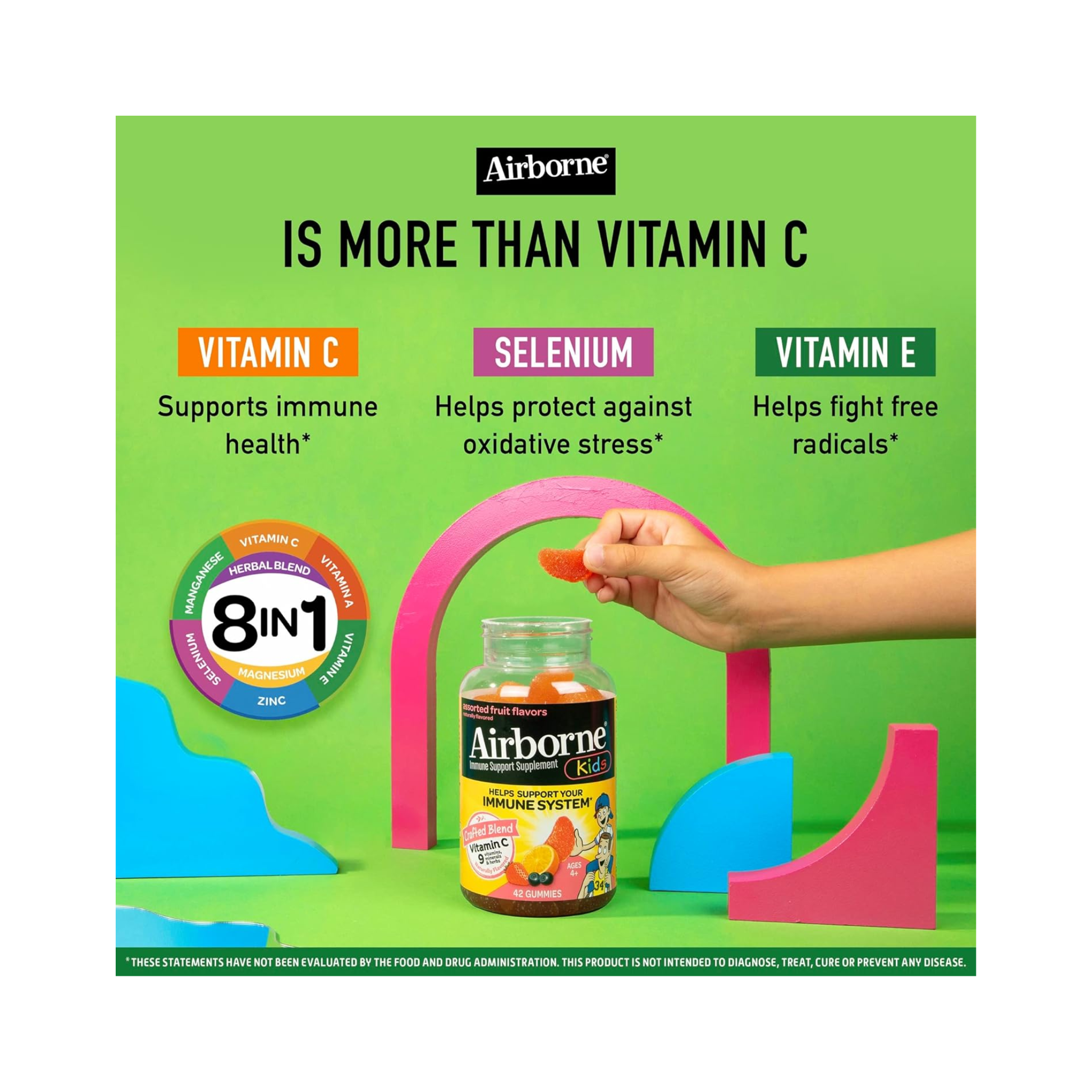 Airborne Kids, 500mg Vitamin C Gummies, Immune Support Multivitamin Supplement, Assorted Fruit Flavor, 42 Ct