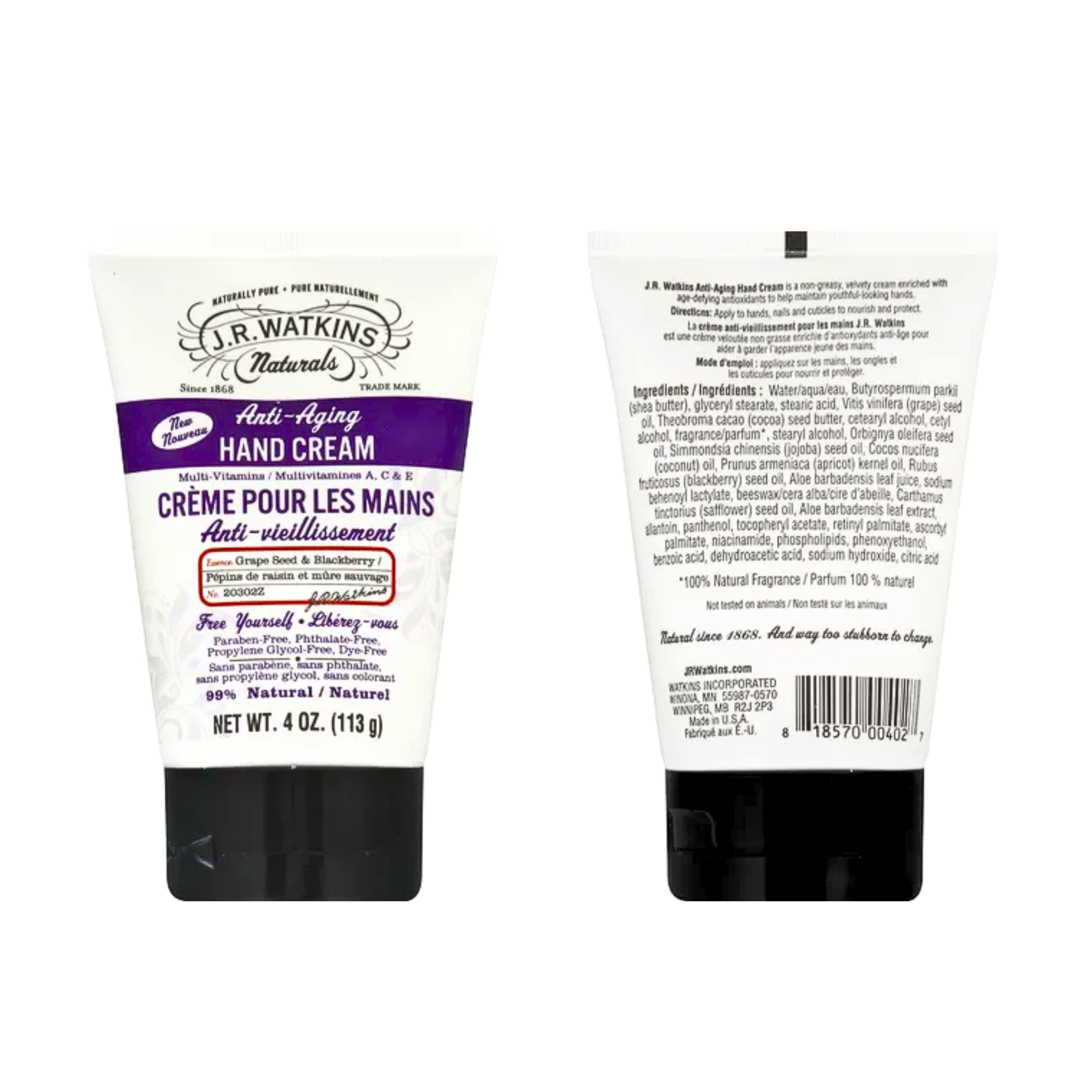 J.R. Watkins, Natural Anti-Aging Hand Cream, Grape Seed & Blackberry, 4 oz - Pharmaful