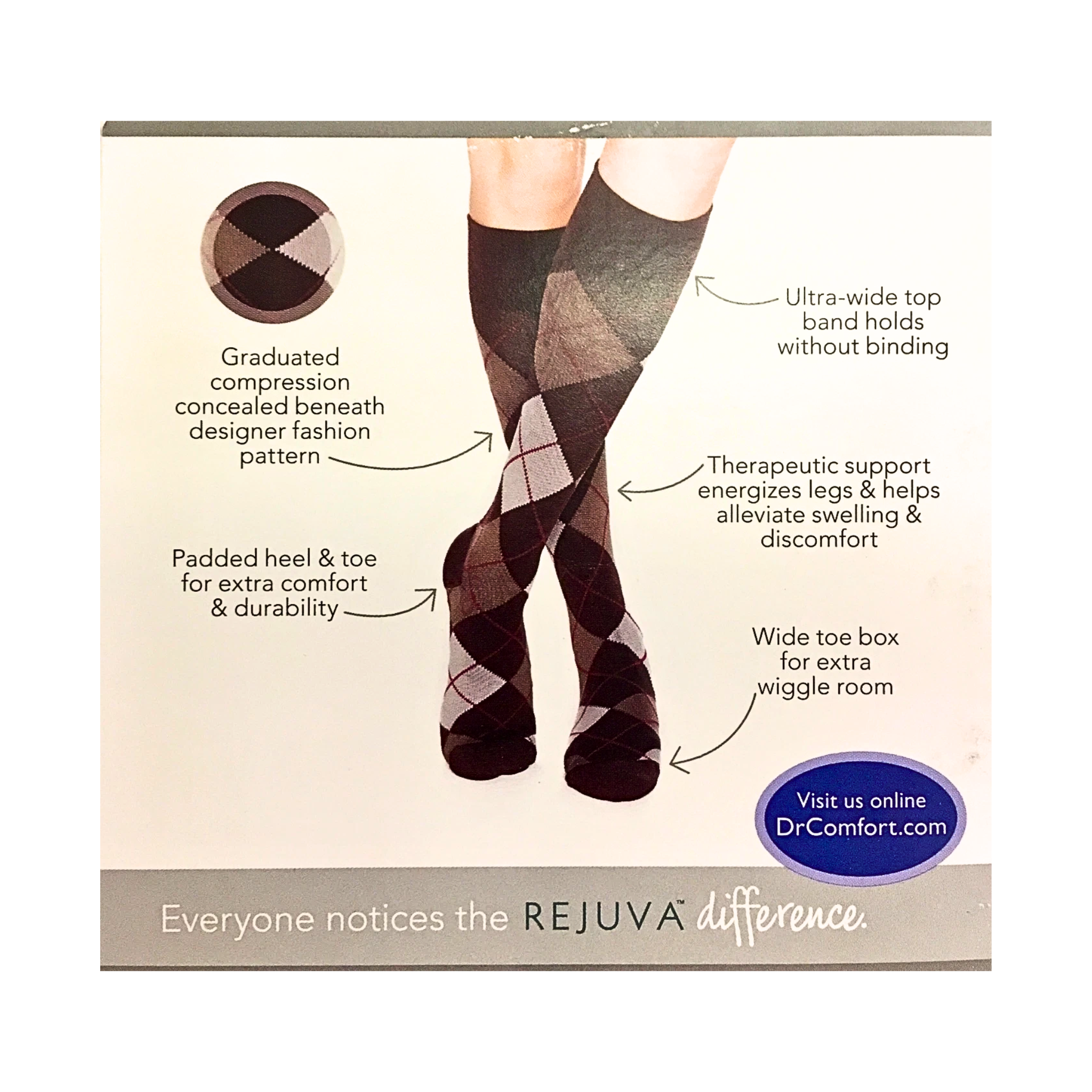 Dr. Comfort, Rejuva Knee-High Compression Socks, Argyle Pattern, 15-20 mmHg, Unisex, Extra Large, Chestnut