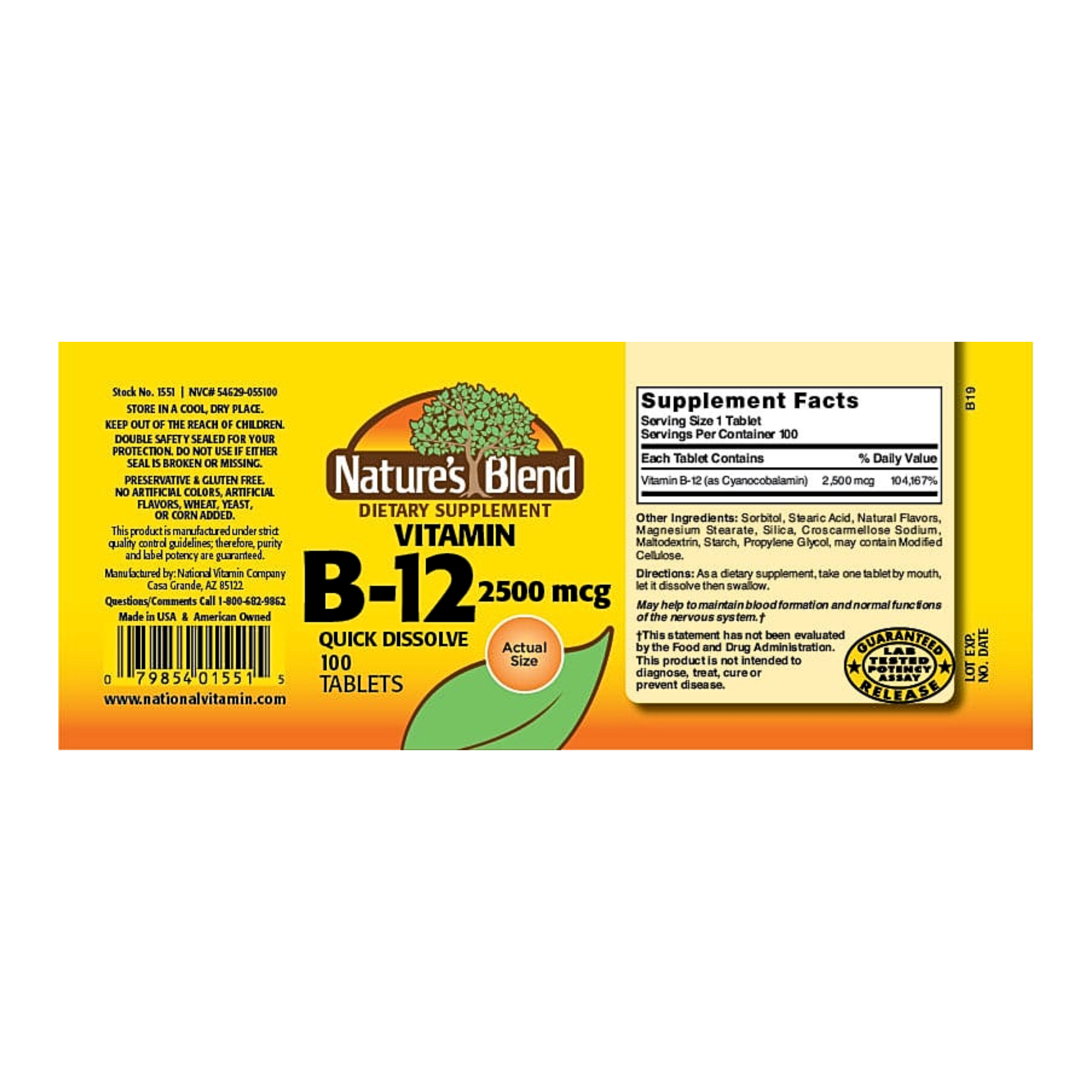 Nature's Blend, Vitamin B-12 Tablets, 2500 mcg, High-Potency Energy & Nervous System Support, 100 Count - Pharmaful