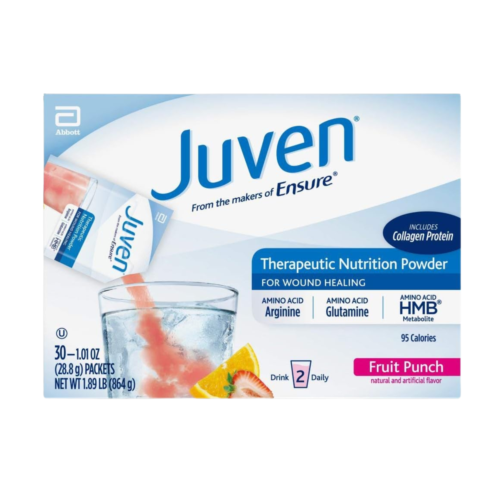 Juven, Therapeutic Nutrition Drink Mix Powder, Fruit Punch Flavor with Collagen Protein for Wound Healing Support, 30 Count