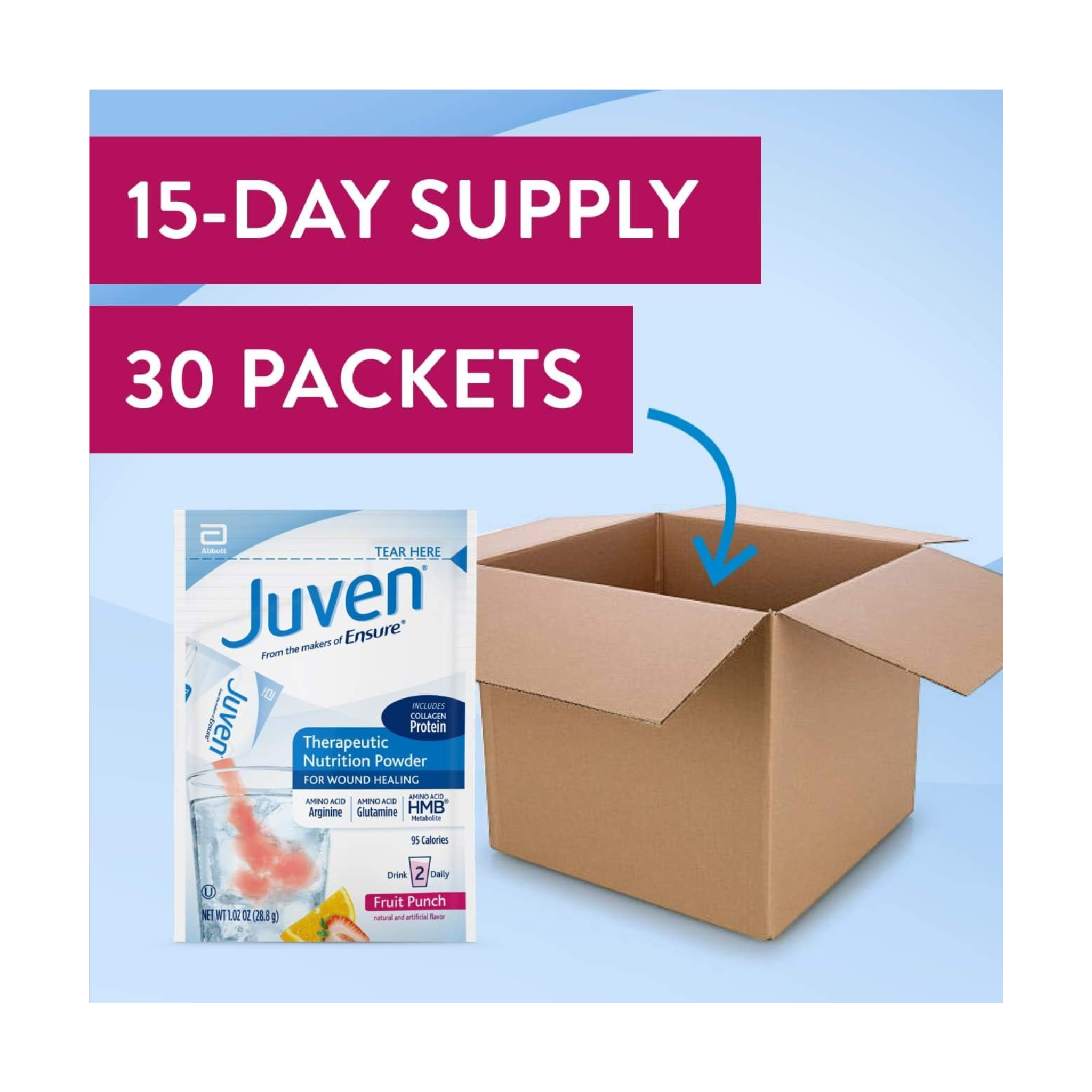Juven, Therapeutic Nutrition Drink Mix Powder, Fruit Punch Flavor with Collagen Protein for Wound Healing Support, 30 Count