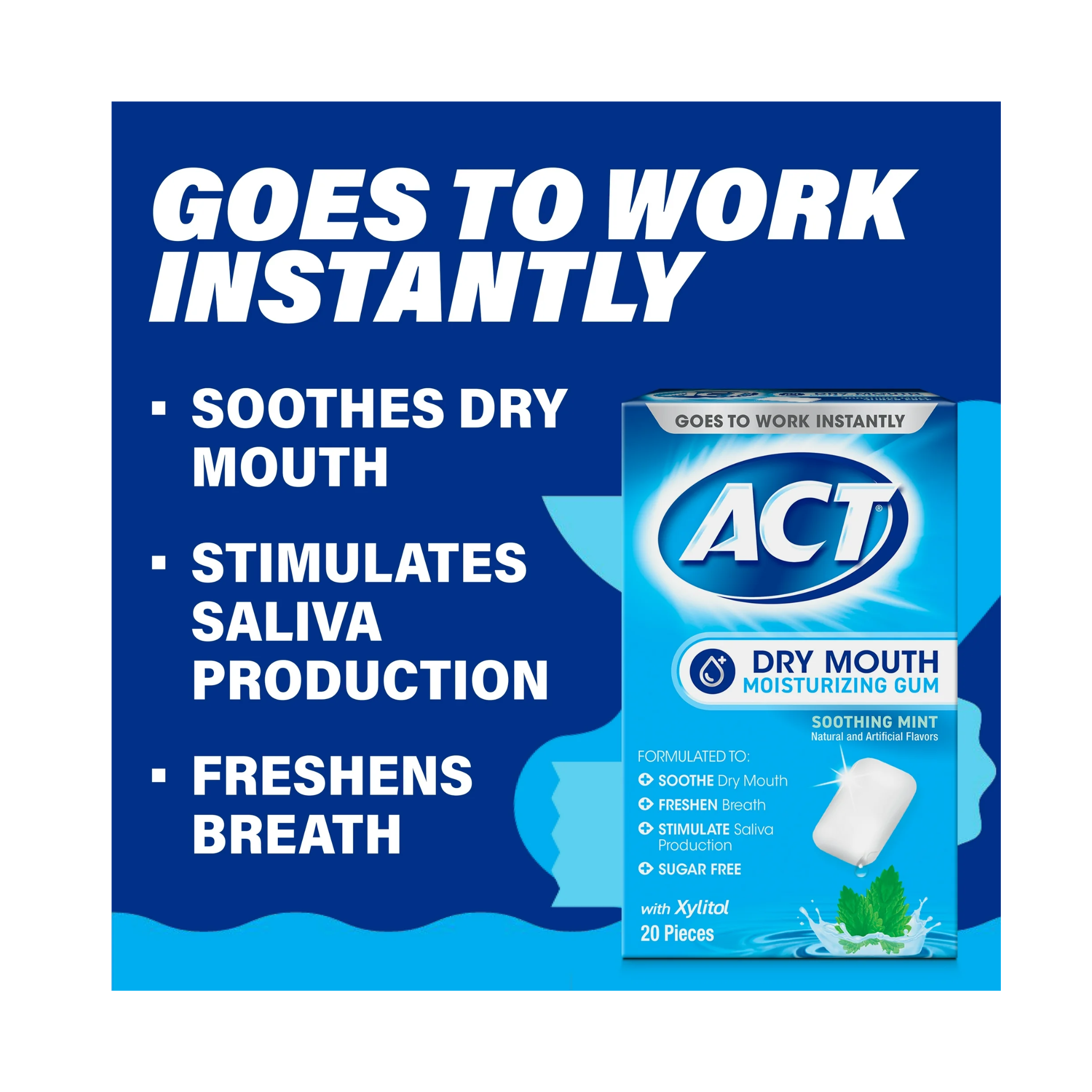 ACT, Dry Mouth Moisturizing Gum with Xylitol, Refreshing Soothing Mint Flavor, 20 ct