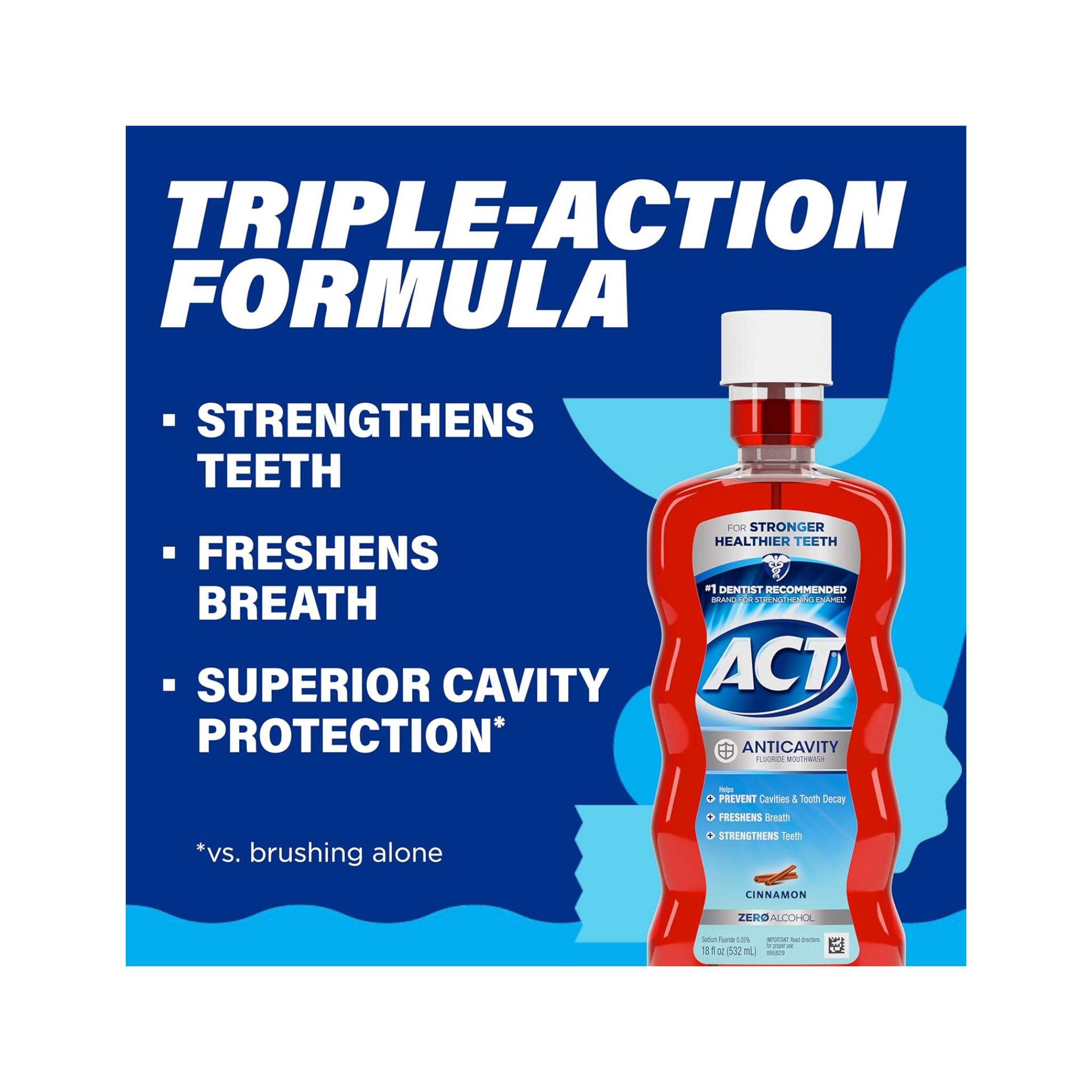 ACT, Anticavity Fluoride Mouthwash, Triple Action, Cinnamon Flavor, Strengthens Enamel and Prevents Cavities, 18 fl oz