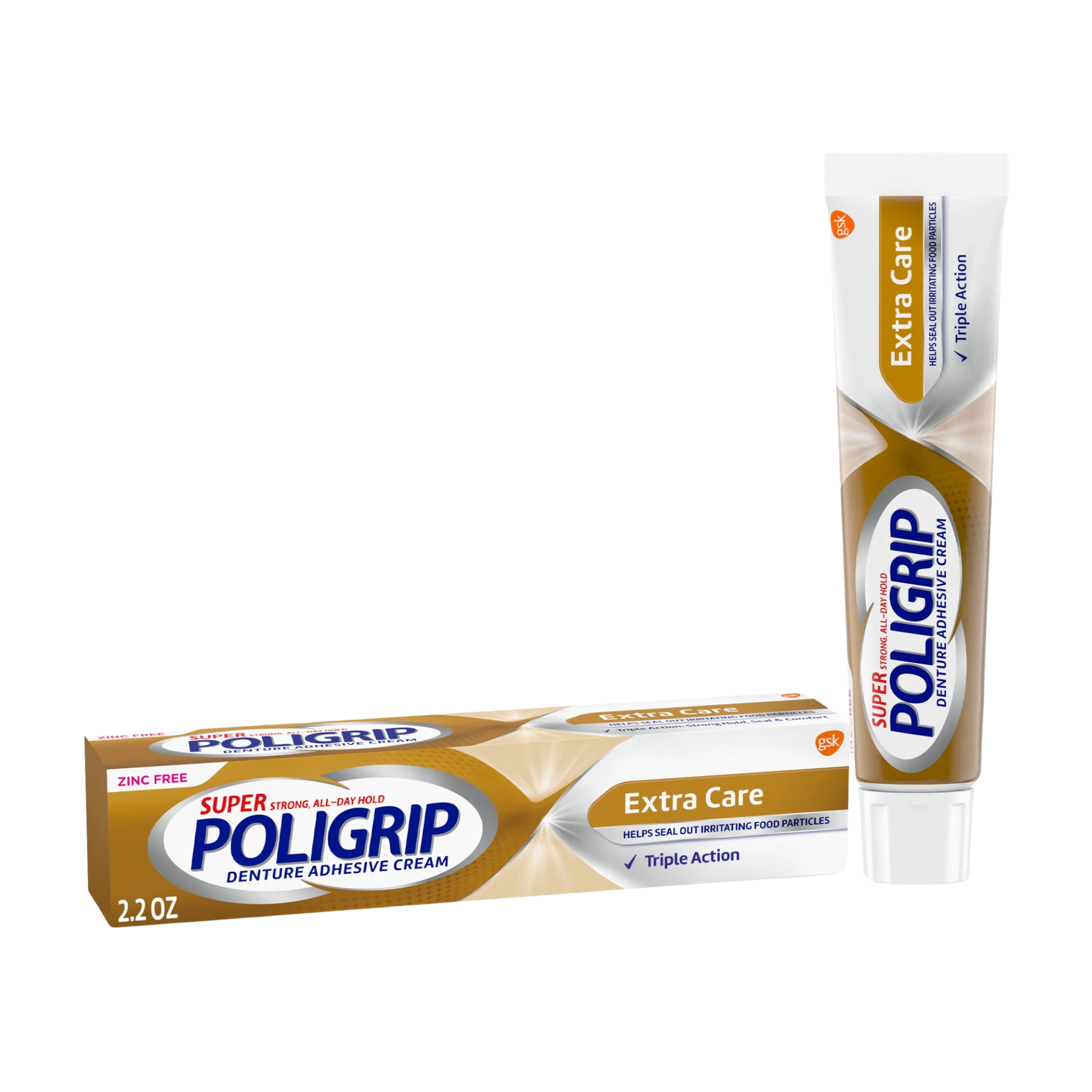 Super Poligrip, Extra Care Zinc-Free Denture and Partials Adhesive Cream, Secure and Gentle Fit for Adults, 2.2 oz