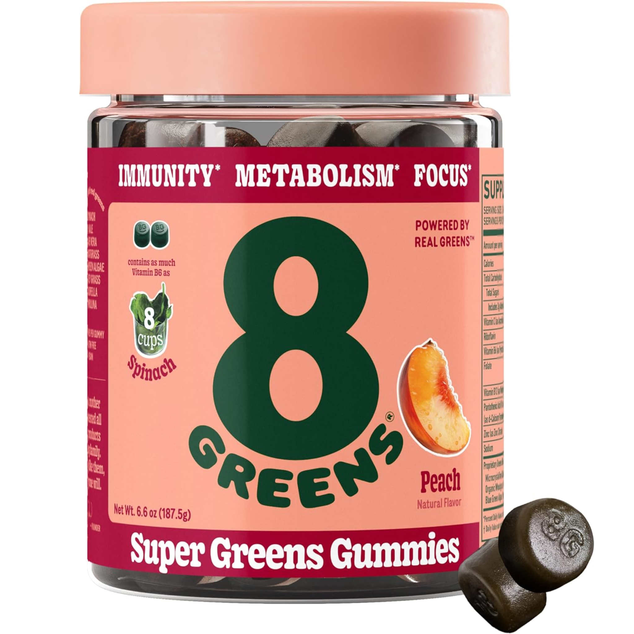 8Greens, Supergreens Gummies, Superfood Gummy with Metabolism Support, Immunity & Focus Benefits, Digestive Enzymes, Organic Ingredients, Peach Flavor, 50 Count (Pack of 6)