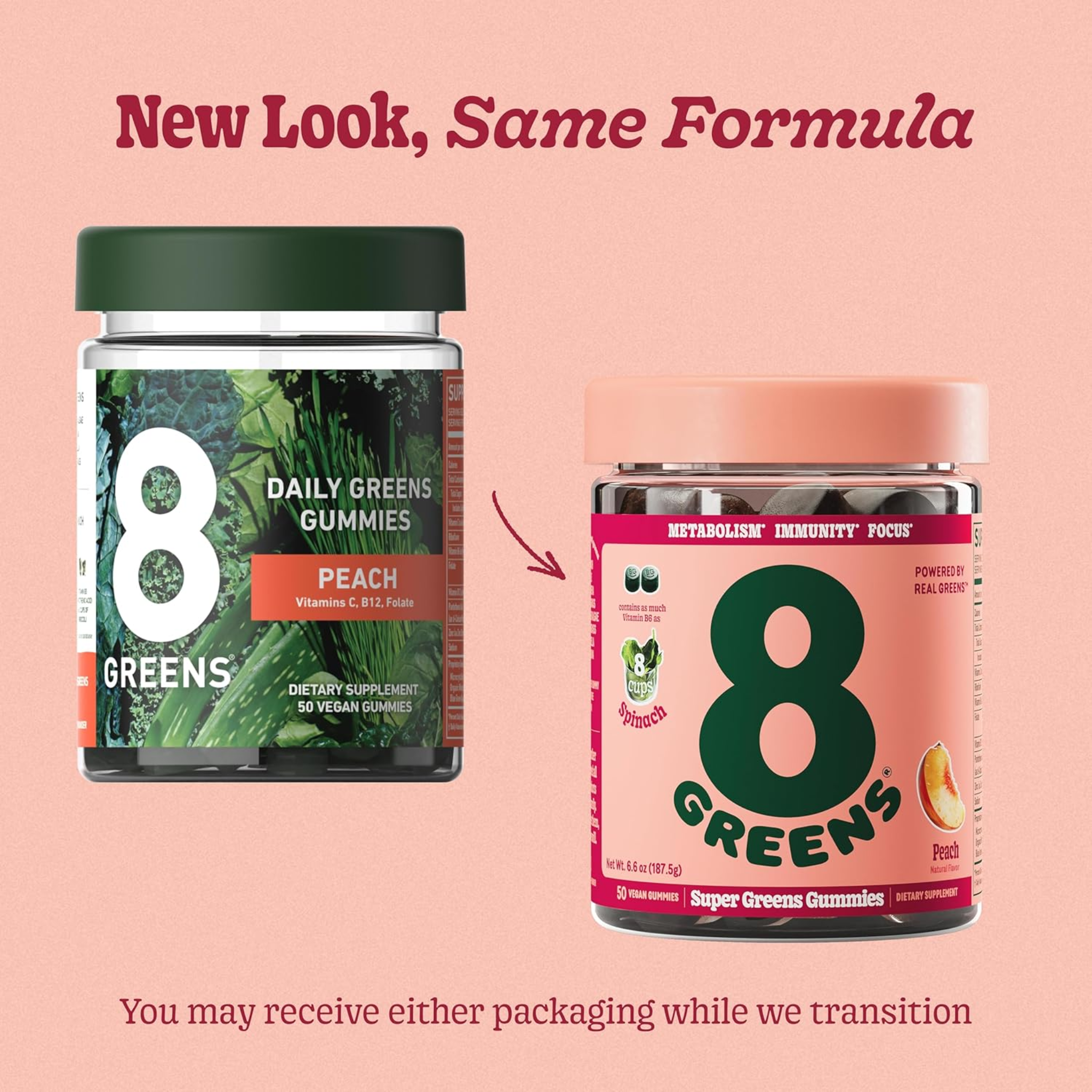 8Greens, Supergreens Gummies, Superfood Gummy with Metabolism Support, Immunity & Focus Benefits, Digestive Enzymes, Organic Ingredients, Peach Flavor, 50 Count (Pack of 6)