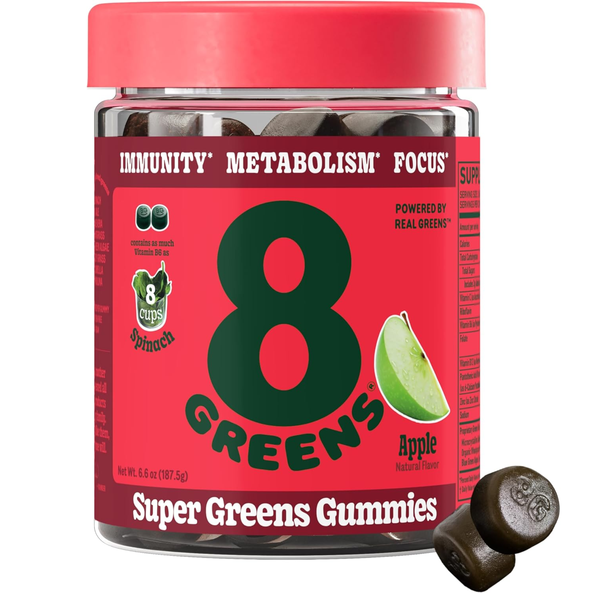 8Greens, Supergreens Gummies, Superfood Gummy with Metabolism Support, Immunity & Focus Benefits, Digestive Enzymes, Organic Superfoods and Antioxidants, Apple Flavor, 50 Count (Pack of 6)