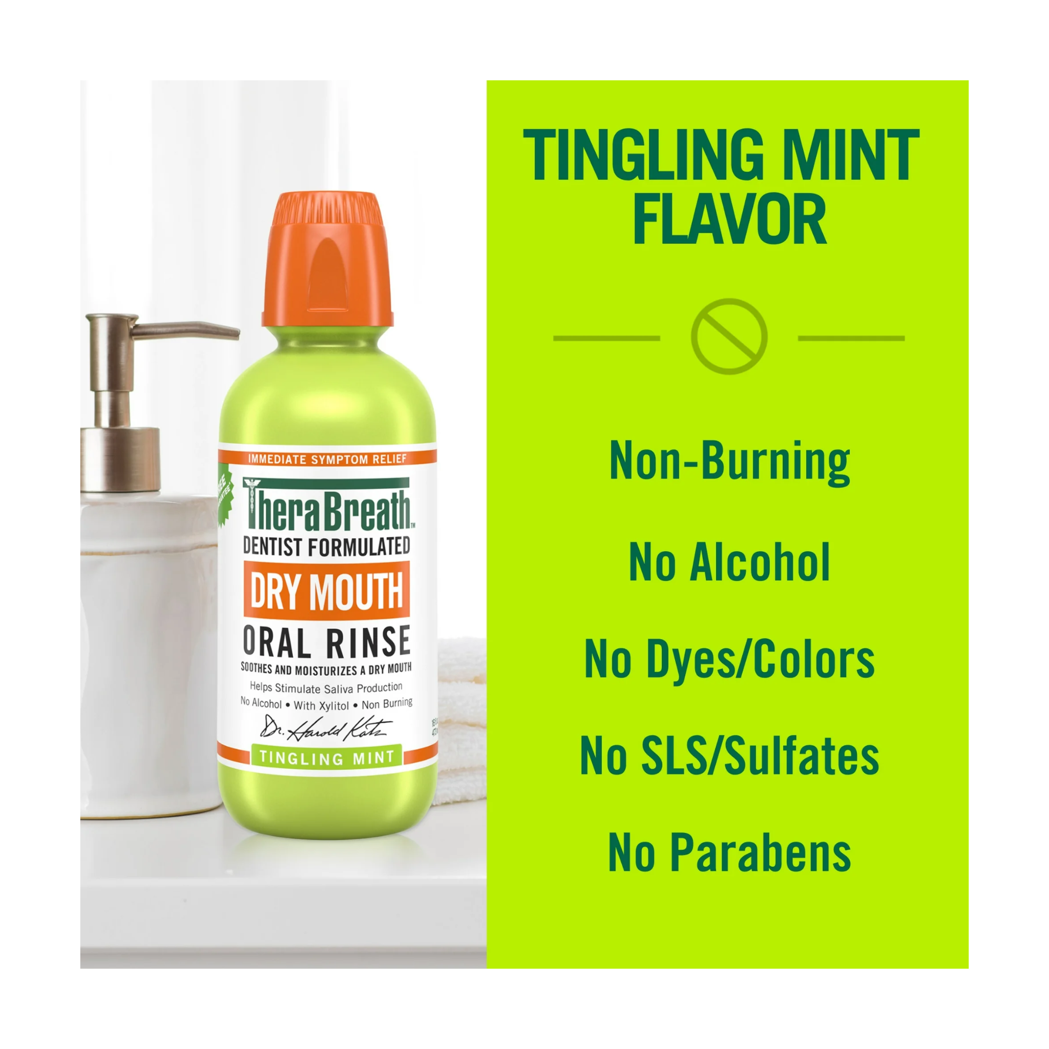 TheraBreath, Dry Mouth Oral Rinse, Tingling Mint Flavor for Moisture and Fresh Breath, Dentist Formulated, 16 fl oz
