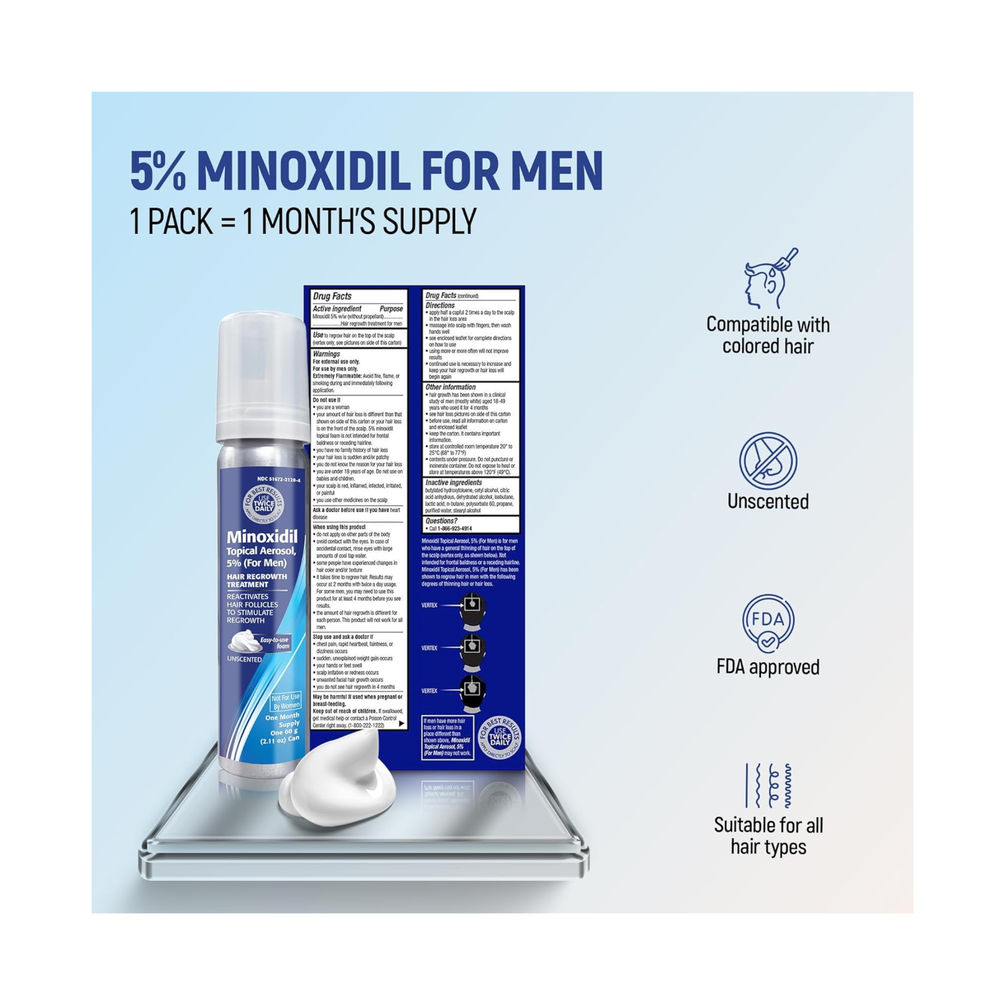 Taro, Minoxidil Topical Aerosol Foam, 5% Hair Regrowth Treatment for Men, Clinically Proven Formula, 2.11 oz