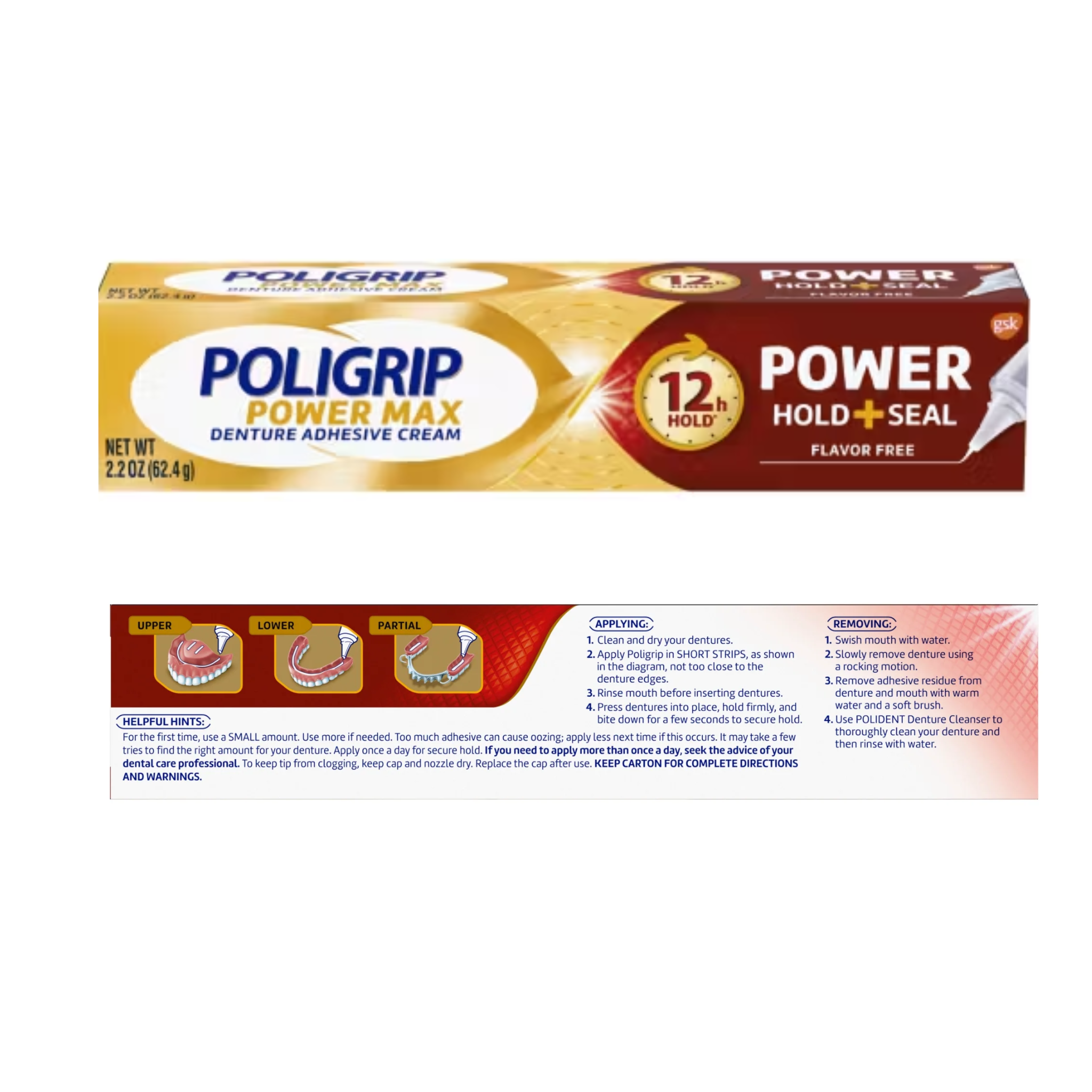 Poligrip, Power Hold + Seal Denture Cream, Flavor-Free, Strong and Secure Fit for Adults, 2.2 oz