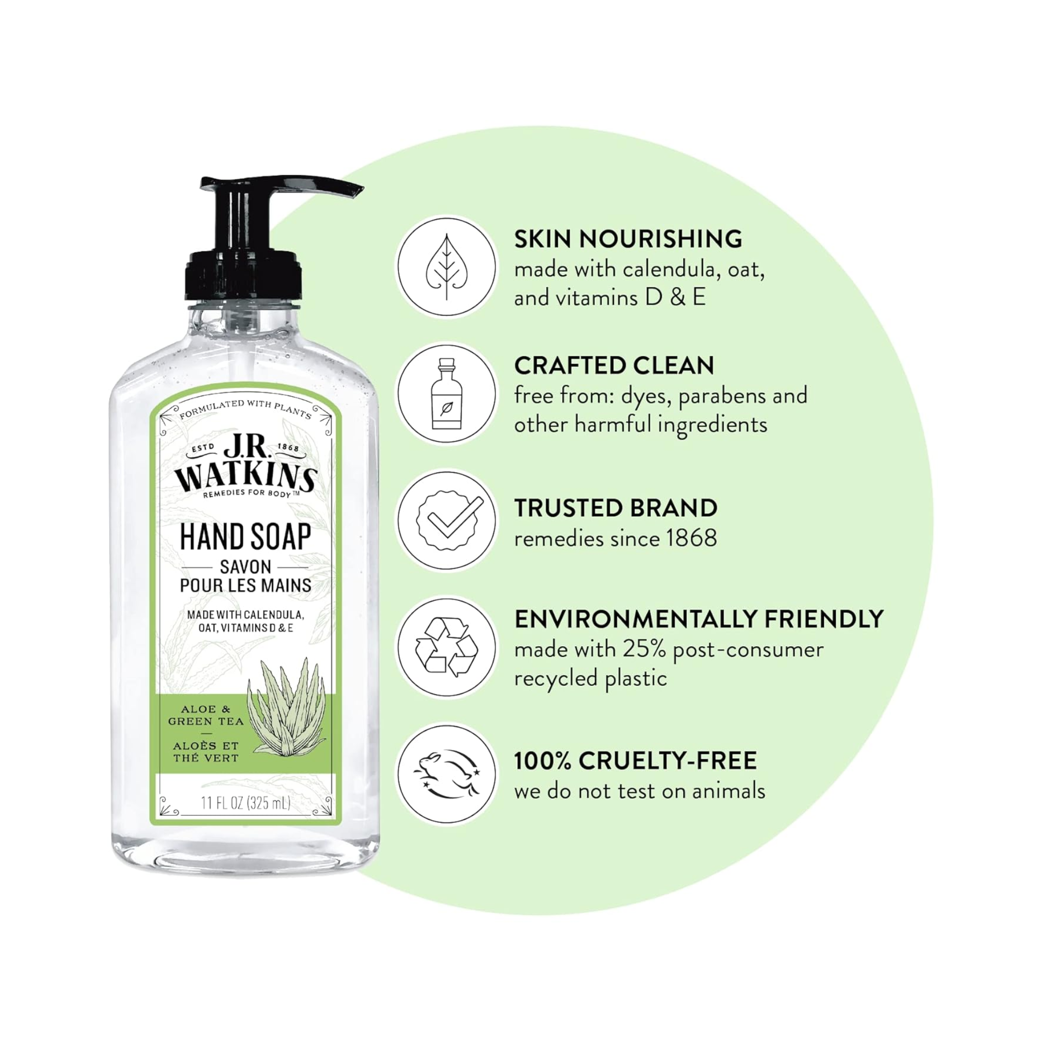 J.R. Watkins, Gel Hand Soap, Aloe & Green Tea, Moisturizing Hand Wash, 11 fl oz - Pharmaful