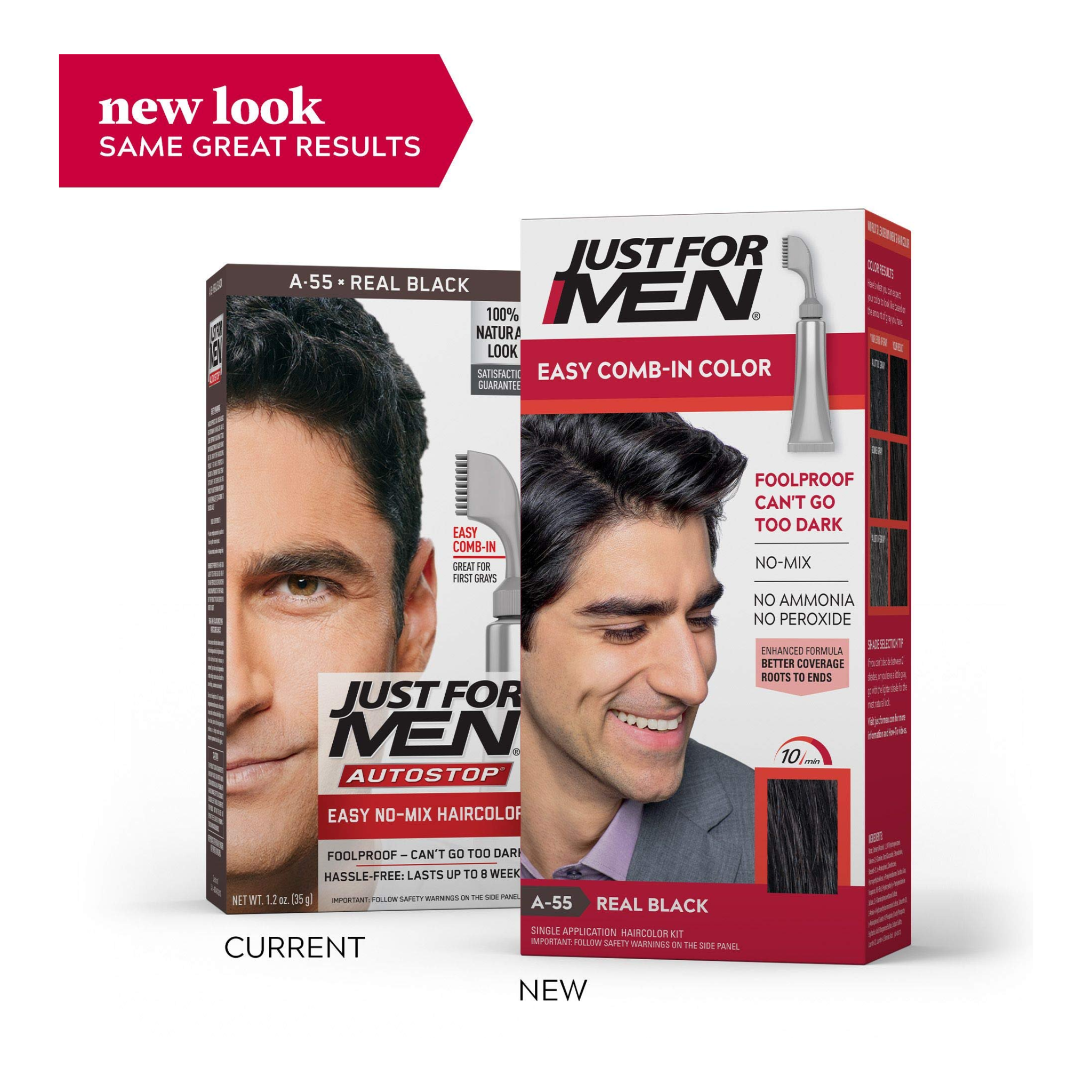 Just For Men, AutoStop Haircolor, Real Black A-55, No-Mix Formula for Natural Gray Coverage, 1 Each