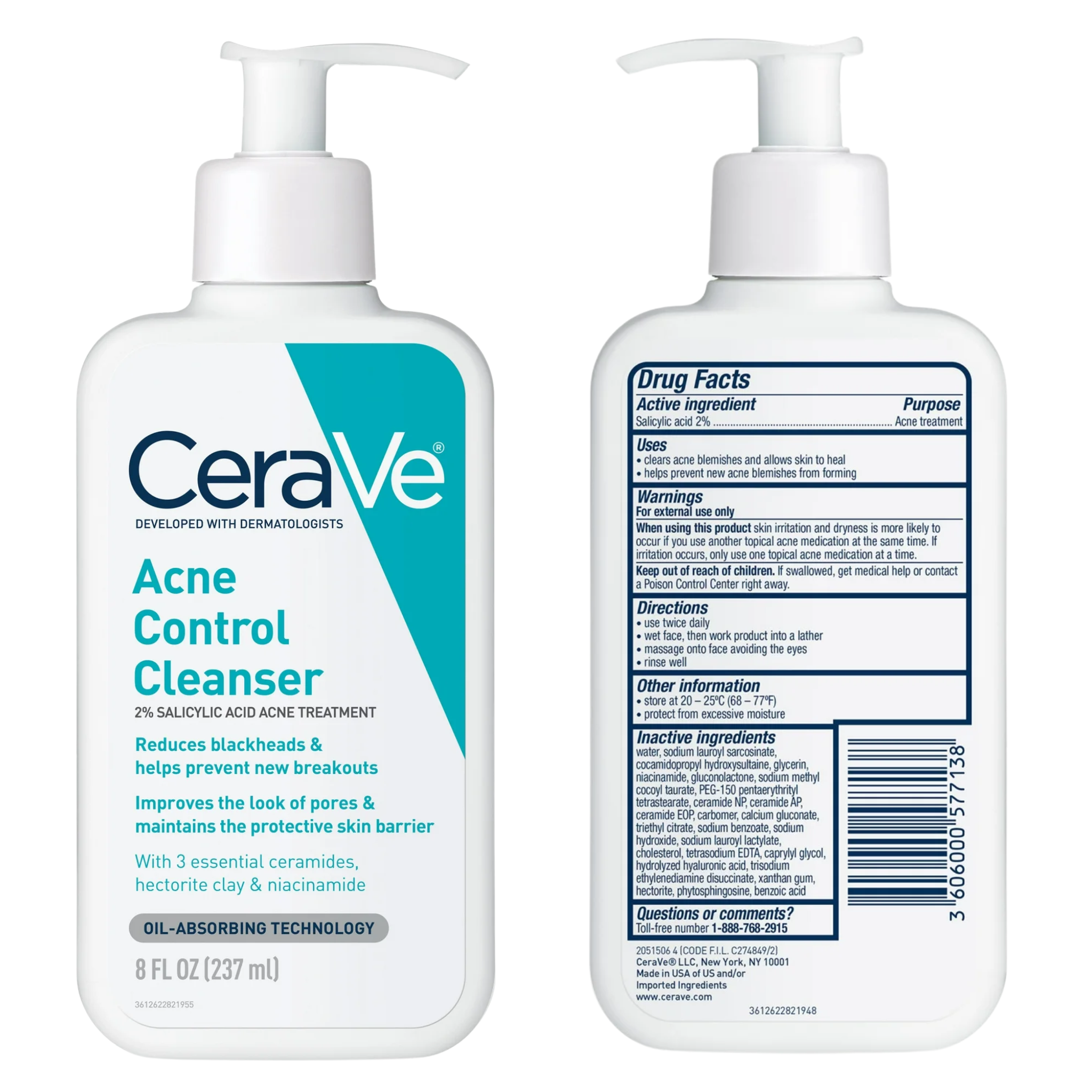 CeraVe, Acne Face Wash with Salicylic Acid and Purifying Clay for Oily Skin, 8 fl oz