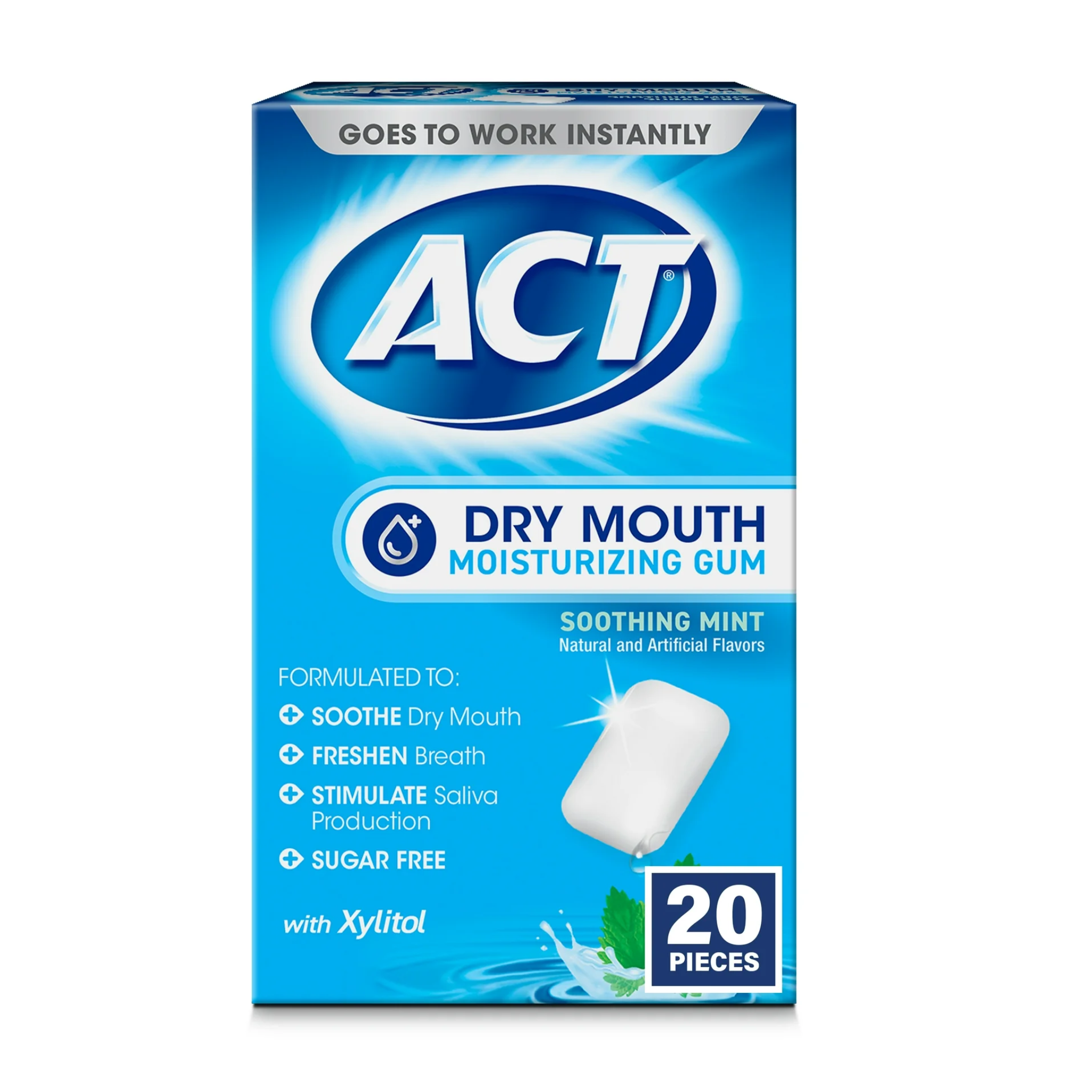 ACT, Dry Mouth Moisturizing Gum with Xylitol, Refreshing Soothing Mint Flavor, 20 ct