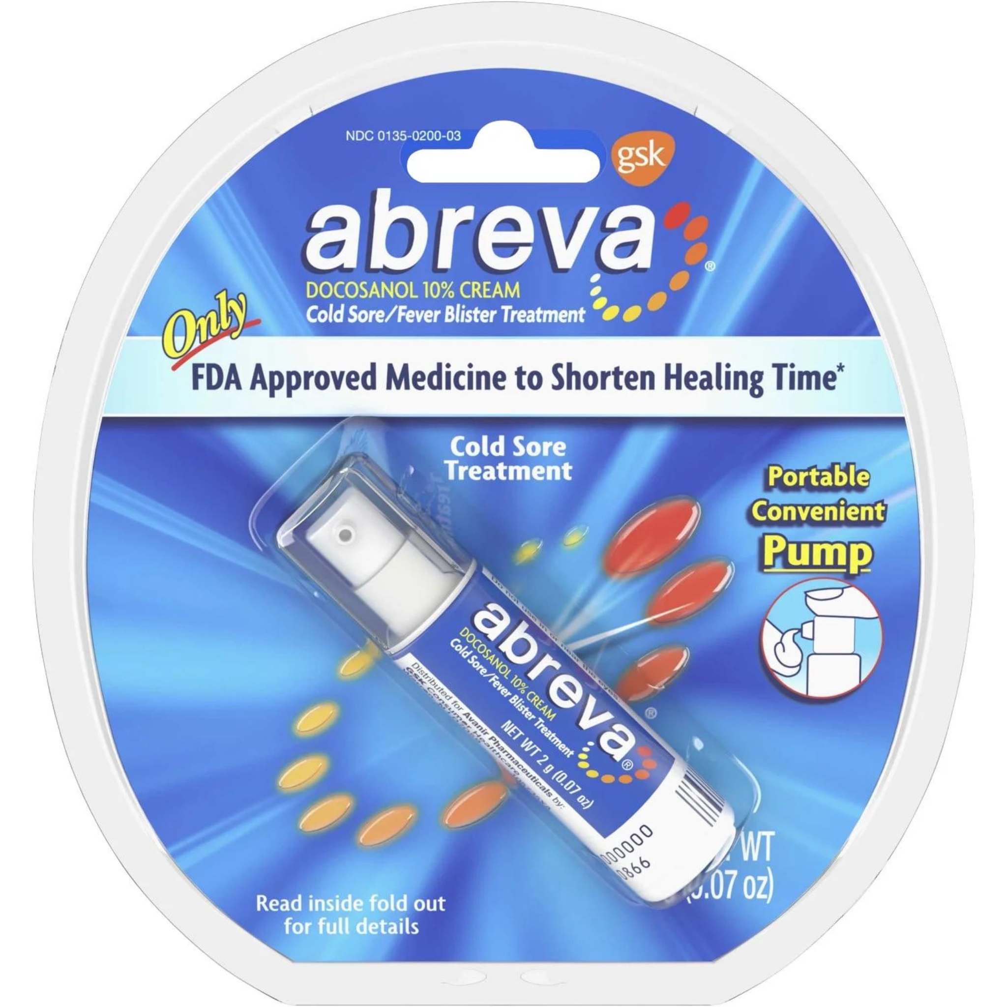 Abreva Docosanol 10 Percent Cold Sore and Fever Blister Treatment Cream Pump, 2G