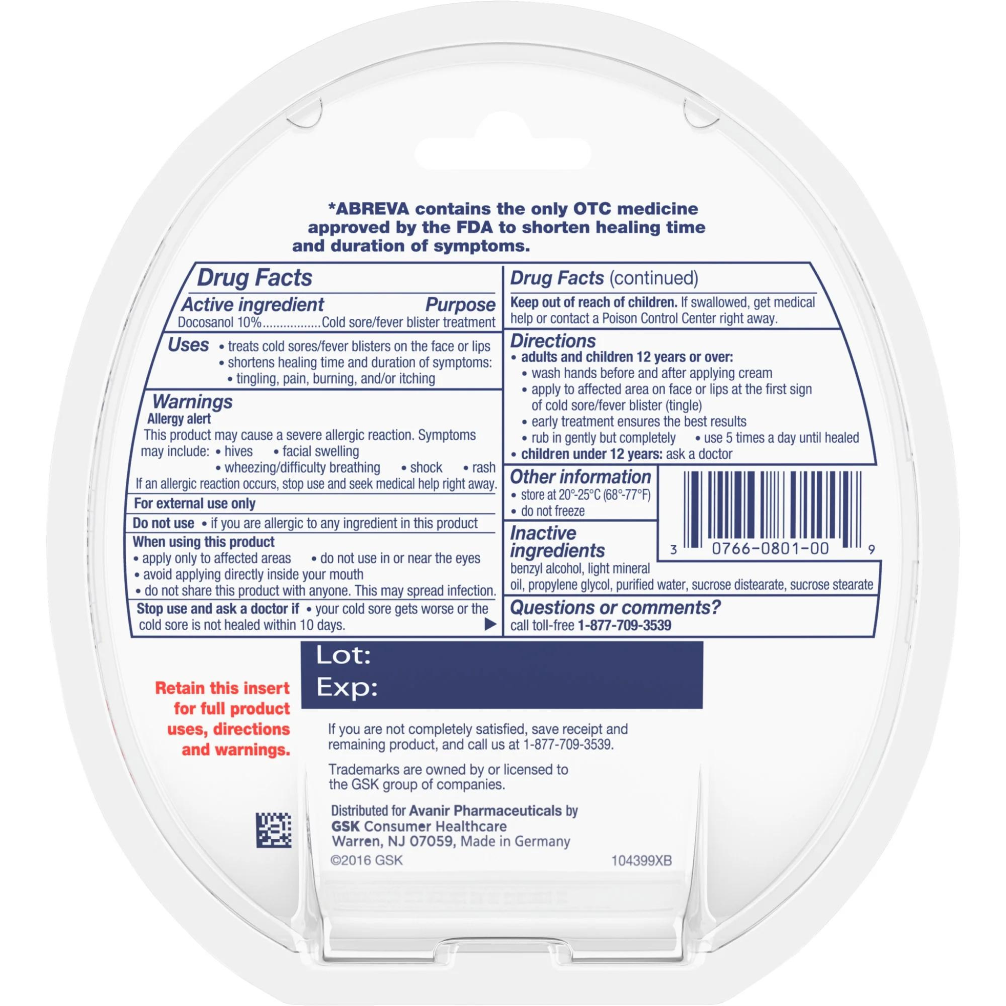 Abreva Docosanol 10% Fever Blister and Cold Sore Treatment, 0.07 oz