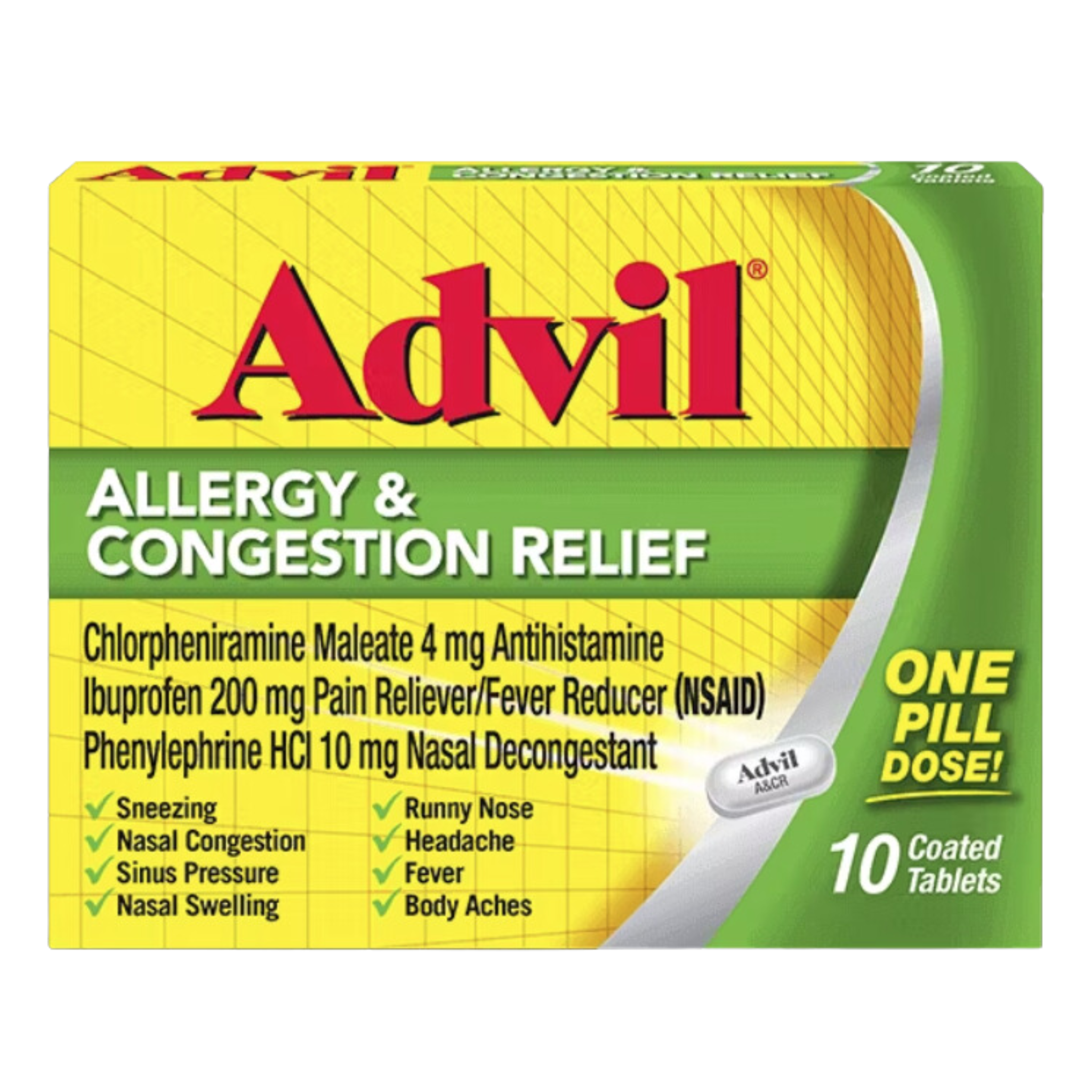 Advil Allergy and Congestion Relief Pills Pain and Fever Reducer Medicine Tablets, 10 Count - Pharmaful