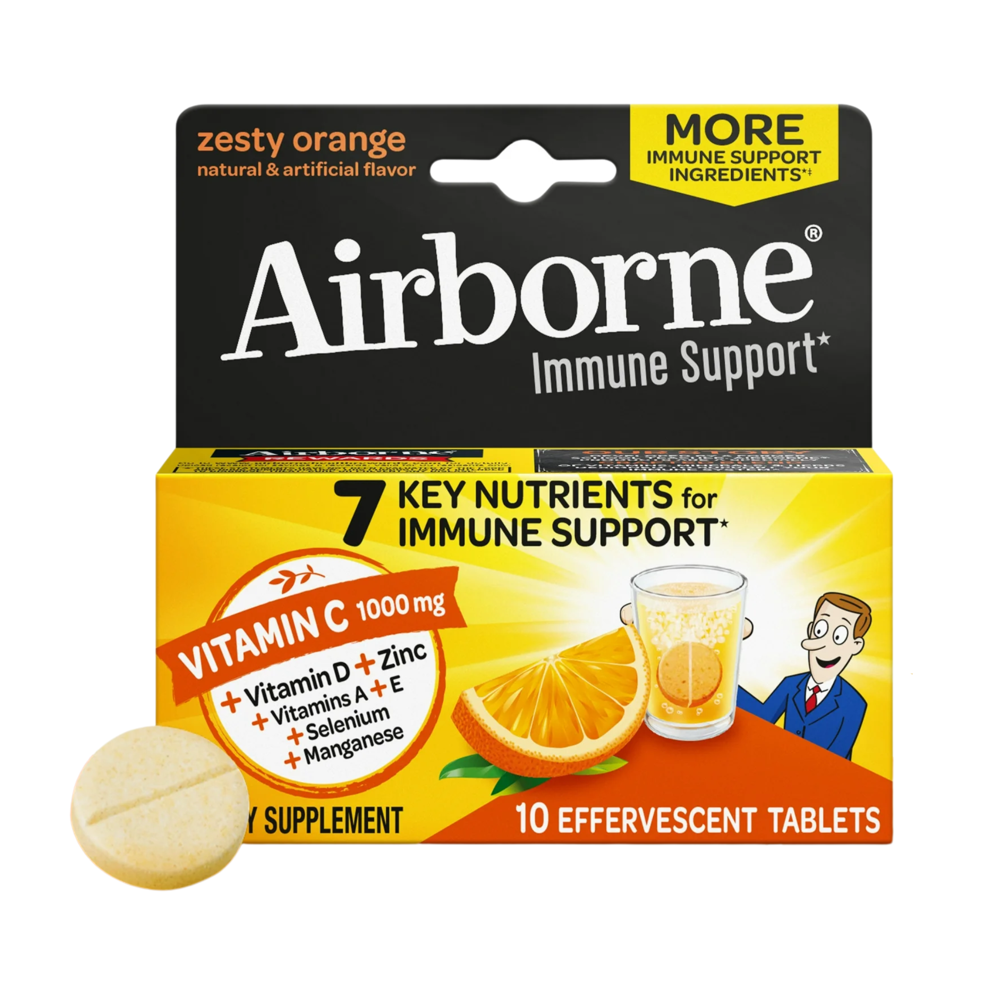 Airborne, 1000mg Vitamin C Effervescent Tablets, Immune Support Multivitamin Supplement, Zesty Orange Flavor, 10 Ct