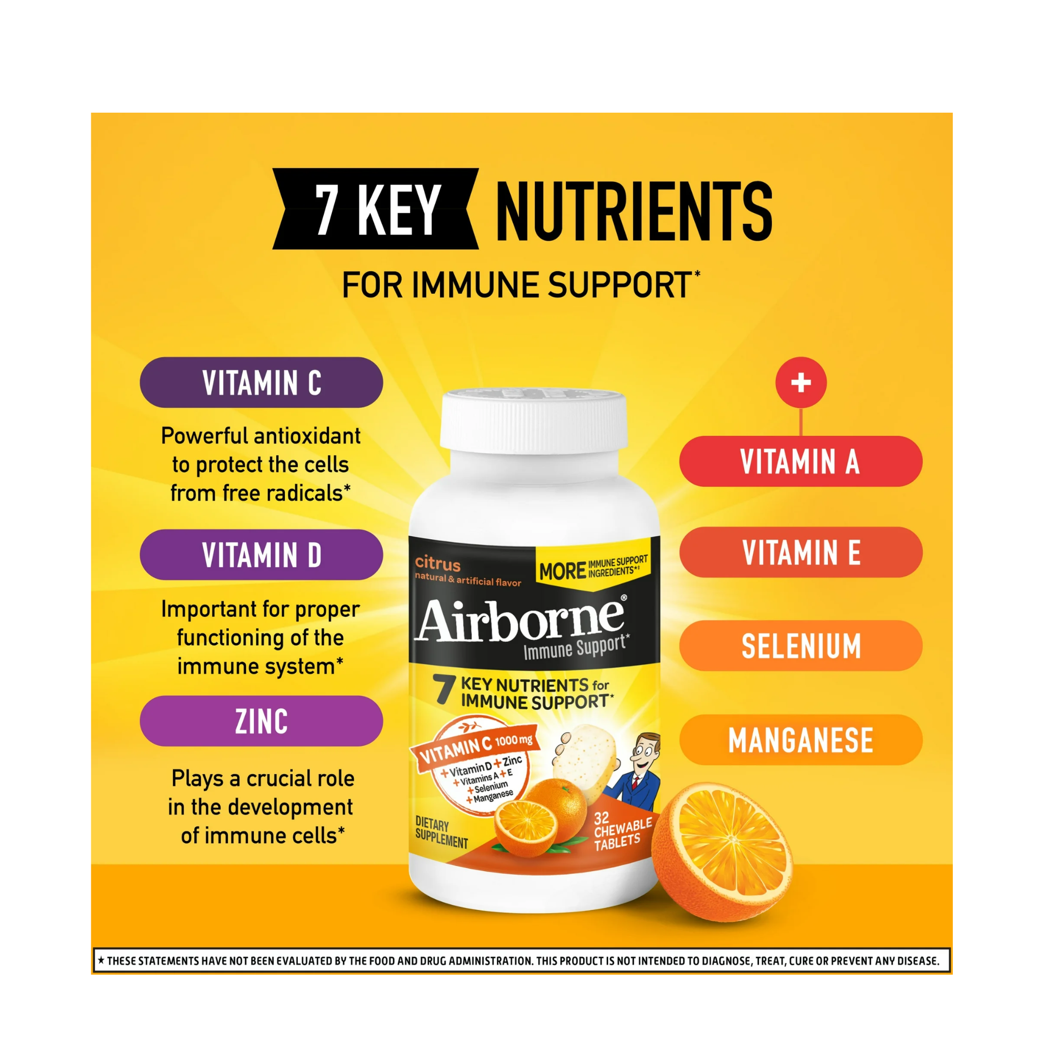 Airborne, 1000mg Vitamin C Effervescent Tablets, Immune Support Multivitamin Supplement, Citrus Flavor, 32 Ct