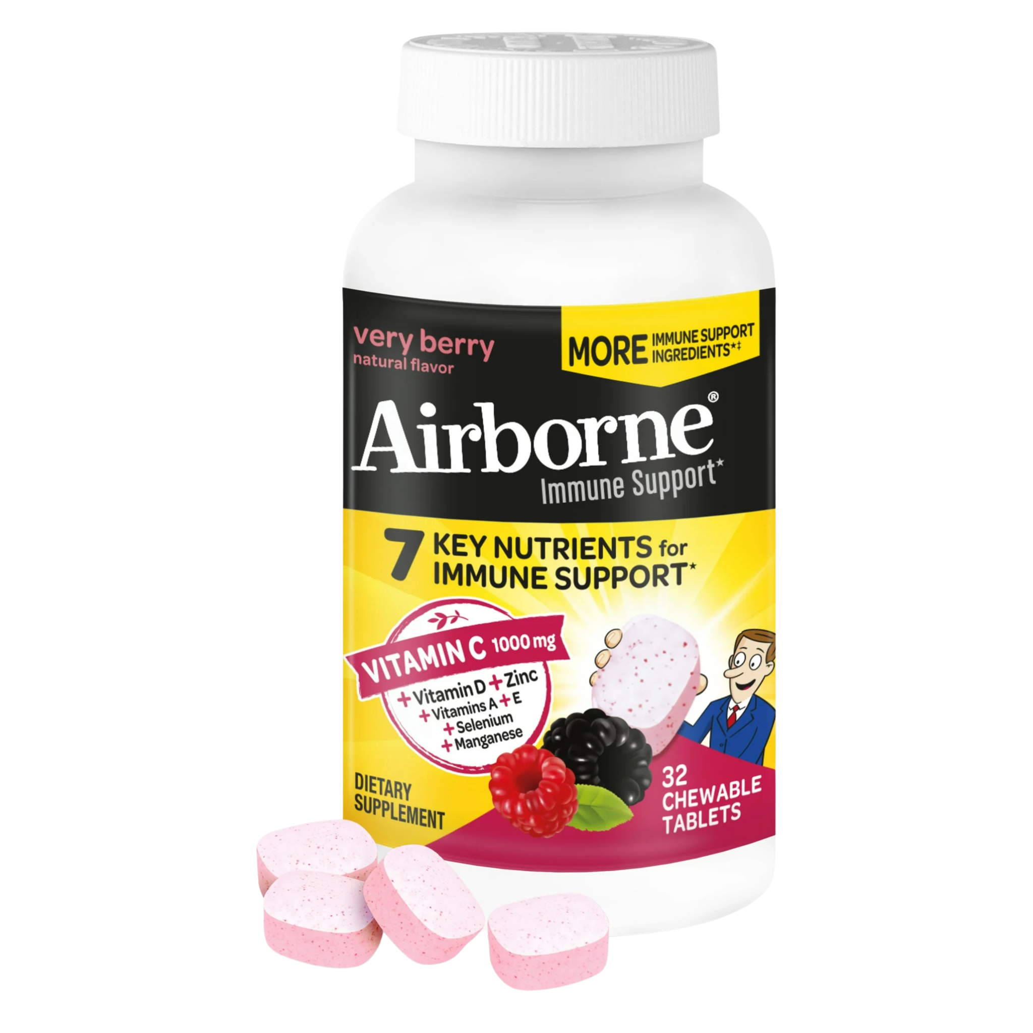 Airborne, 1000mg Vitamin C Chewable Tablets, Immune Support Multivitamin Supplement, Very Berry Flavor, 32 Ct