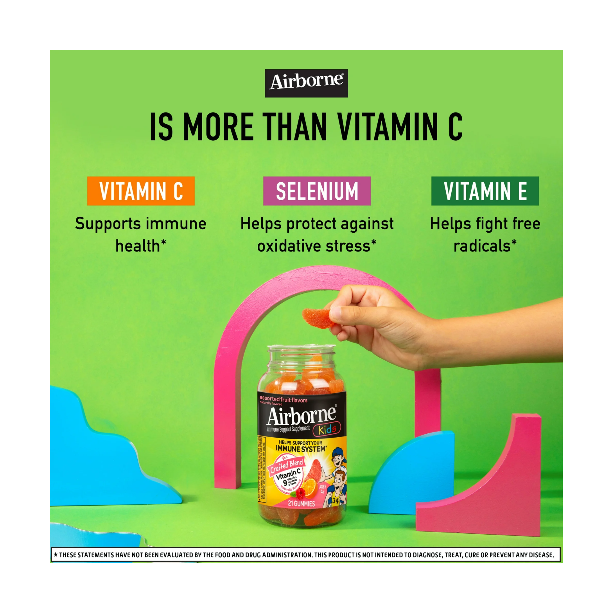 Airborne Kids, 500mg Vitamin C Gummies, Immune Support Multivitamin Supplement, Assorted Fruit Flavor, 21 Ct