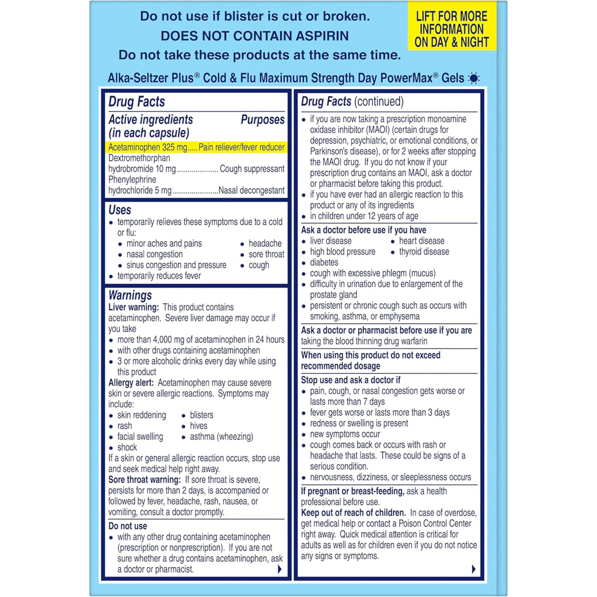 Alka-Seltzer Plus Power Max Cold & Flu Day+Night Medicine: Cough Suppressant, Cold and Flu Medicine For Adults and Children 12 Years and Older, 36 Count, Packaging May Vary