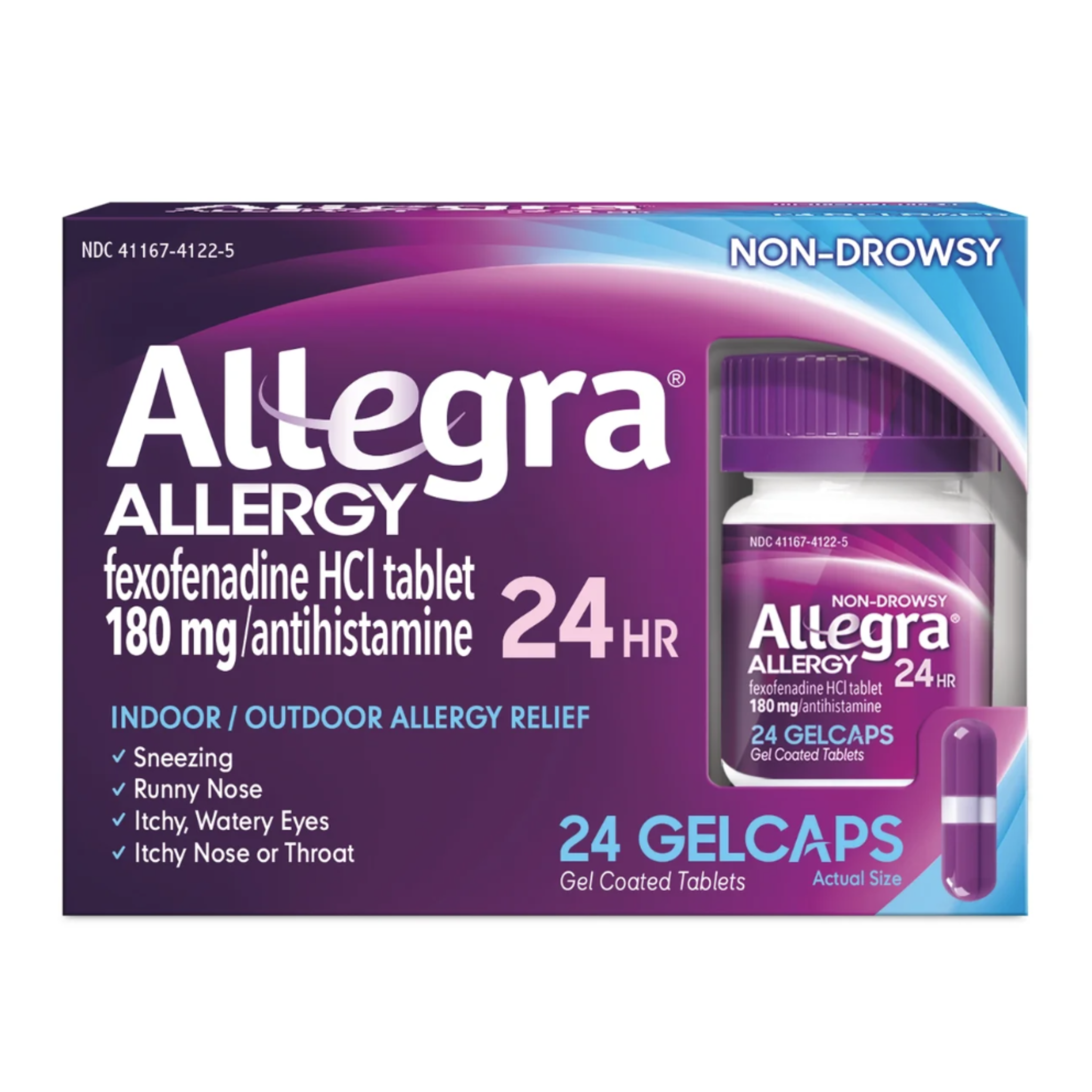 Allegra 24 Hour Non-Drowsy Antihistamine Medicine Tablets for Adult Allergy Relief, Fexofenadine, 180 mg, 24 Pills