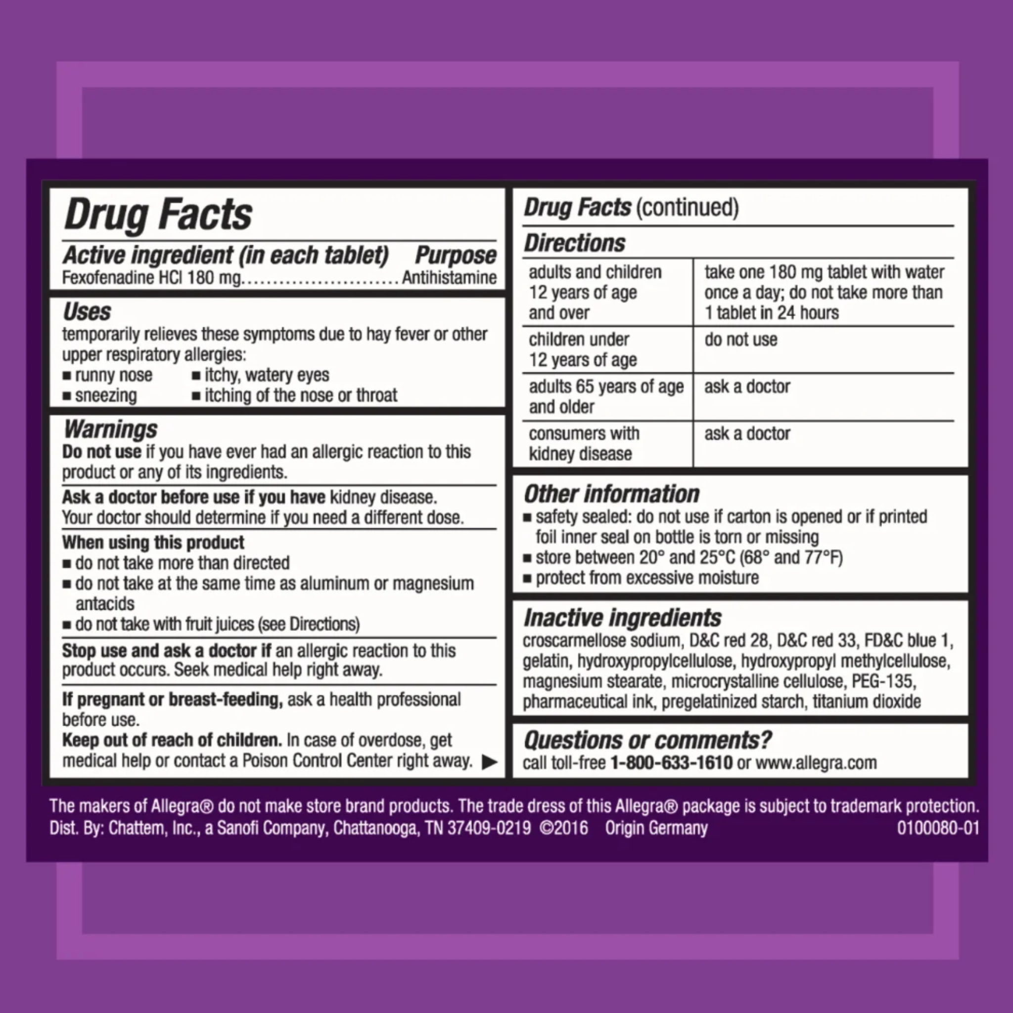 Allegra 24 Hour Non-Drowsy Antihistamine Medicine Tablets for Adult Allergy Relief, Fexofenadine, 180 mg, 24 Pills