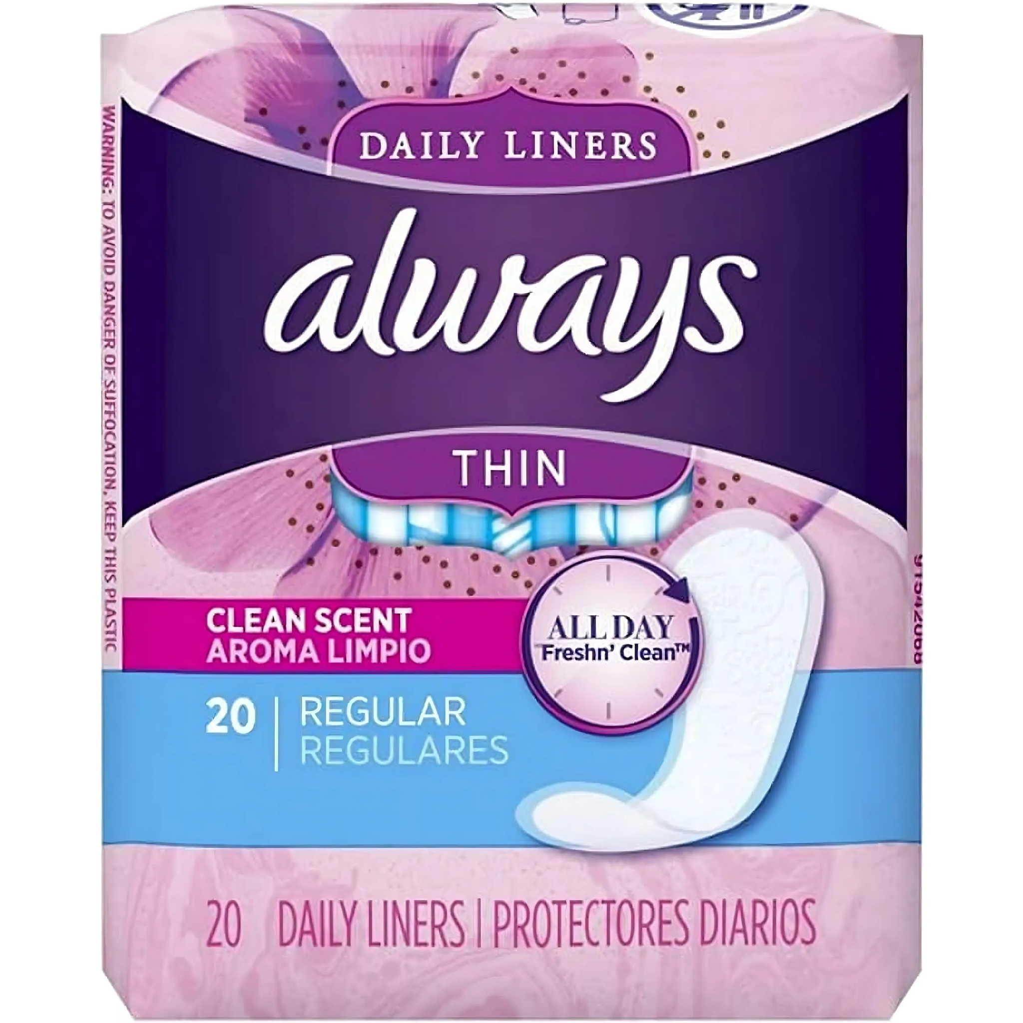 Always Daily Liners Fresh Pantiliners, Thin, Regular, Clean Fresh Scent, 20 Ea