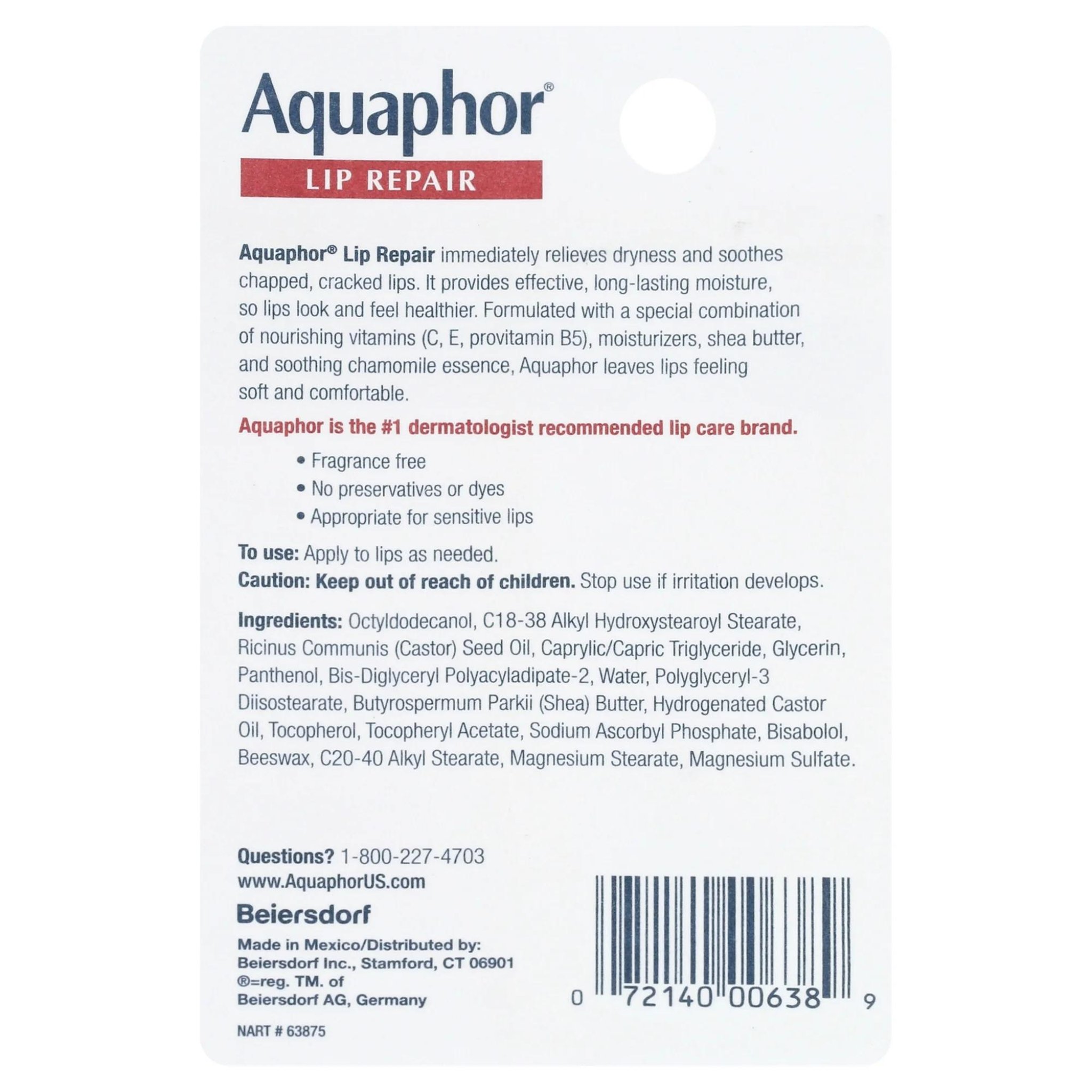 Aquaphor Lip Repair Ointment, Long-lasting Moisture to Soothe Dry Chapped Lips, .35 fl. oz. Tube
