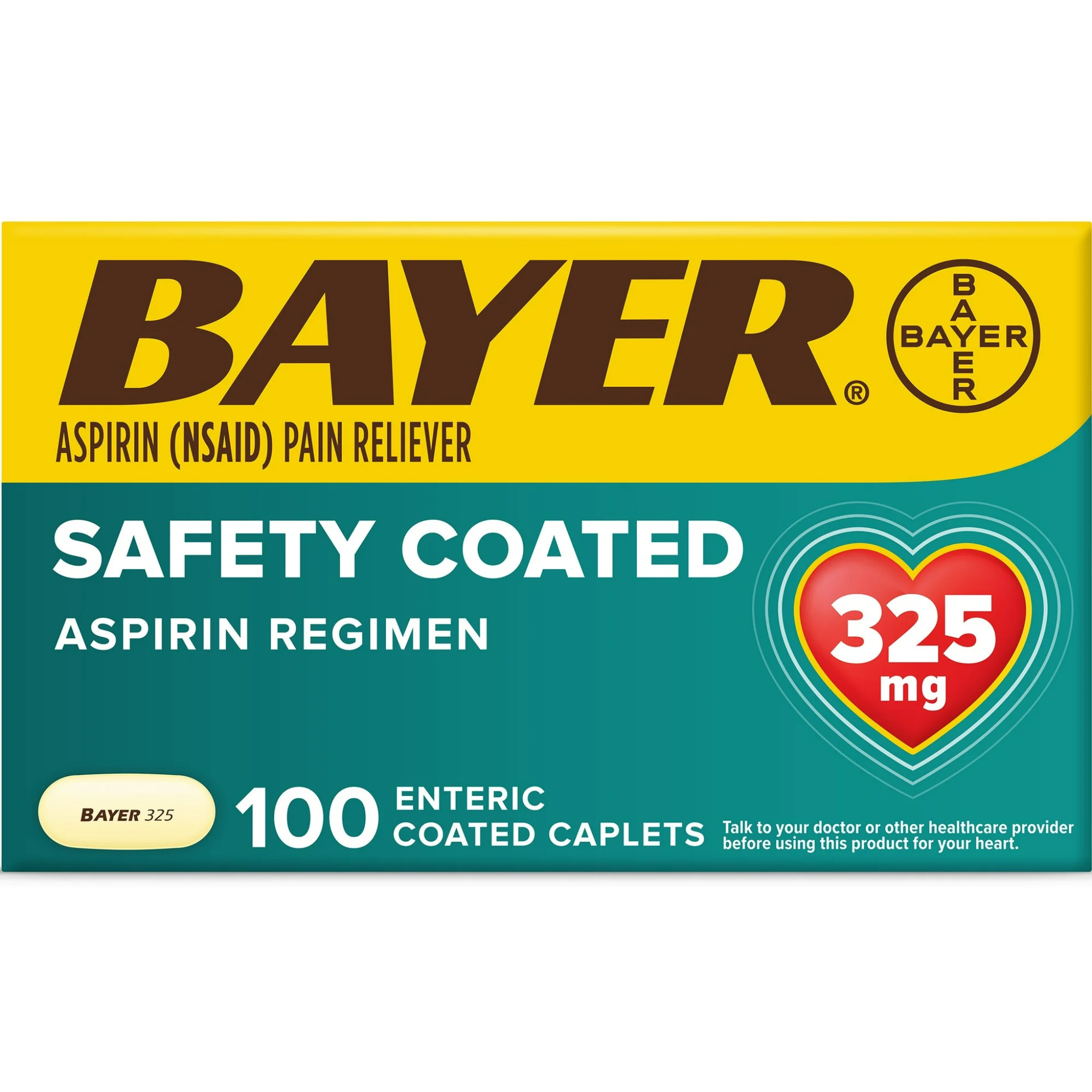 Aspirin Regimen Bayer Regular Dose Pain Reliever Enteric Coated Tablets, 325mg, 100 Count - Pharmaful