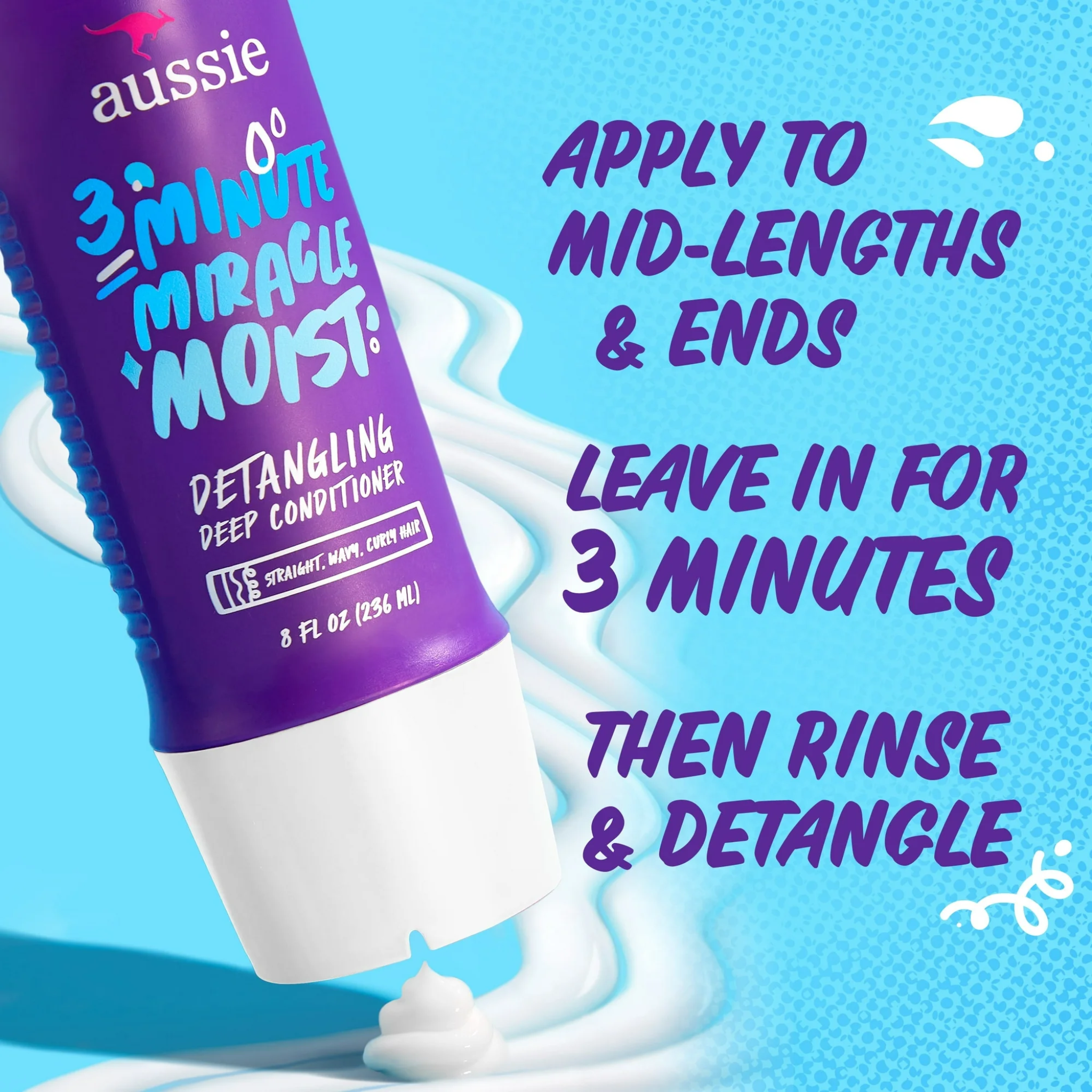 Aussie, 3 Minute Miracle Moist Detangling Deep Conditioner, Paraben-Free and Hydrating for Soft, Manageable Hair, 8 fl oz