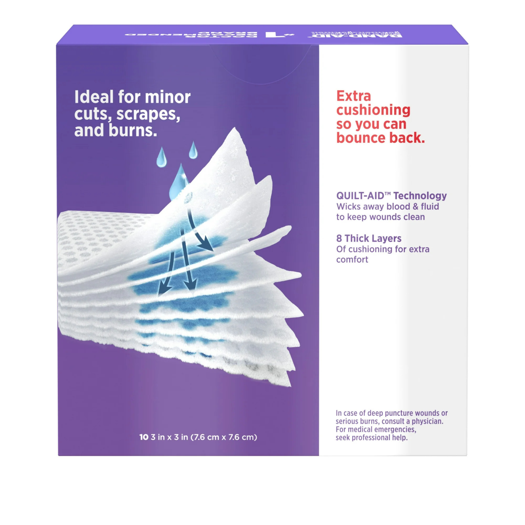 Band-Aid Brand Cushion Care Gauze Pads, Medium, 3 in x 3 in, 10 Ct