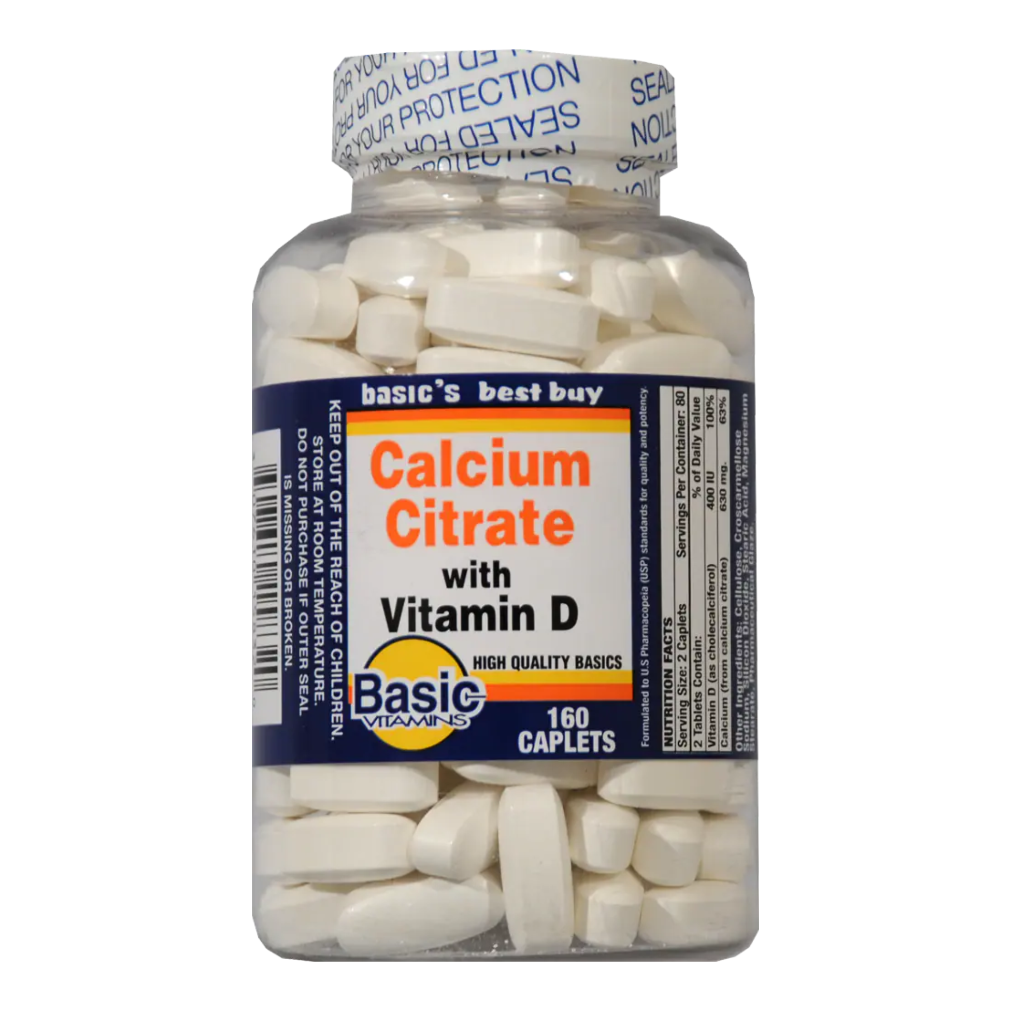 Basic, Calcium Citrate with Vitamin D Caplets, Bone and Immune Support, 160 Count