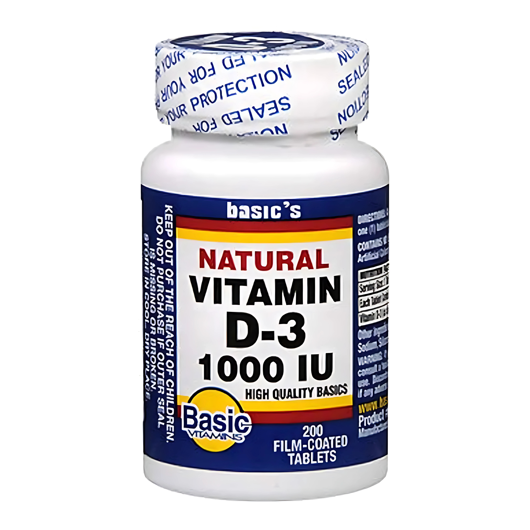 Basic, Vitamin D-3 1000 IU Film-Coated Tablets, Supports Healthy Bones and Immune System, 200 Count