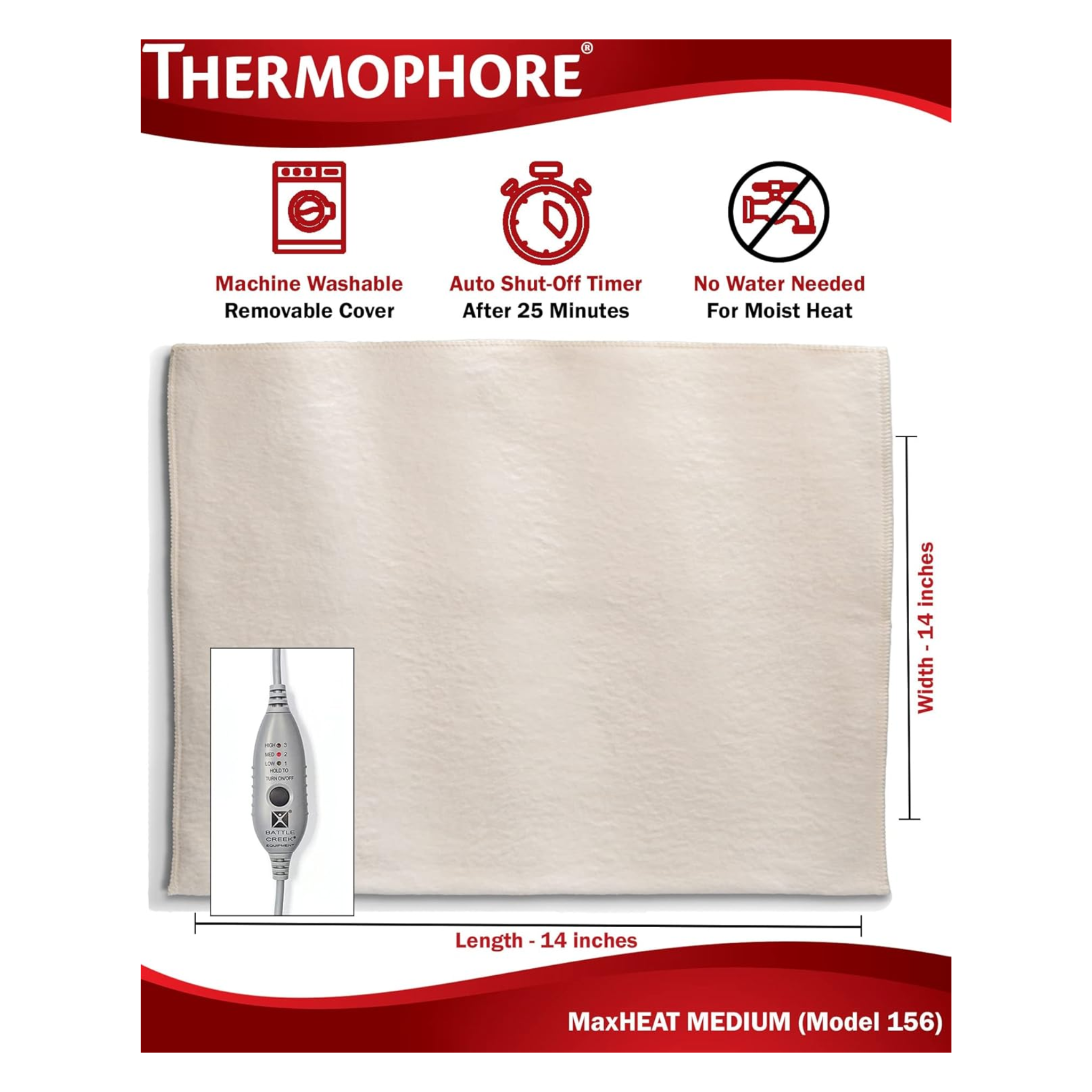 Battle Creek, Thermophore MaxHeat Heating Pad, Medium 14" x 14", Intense Moist Heat Therapy for Pain Relief